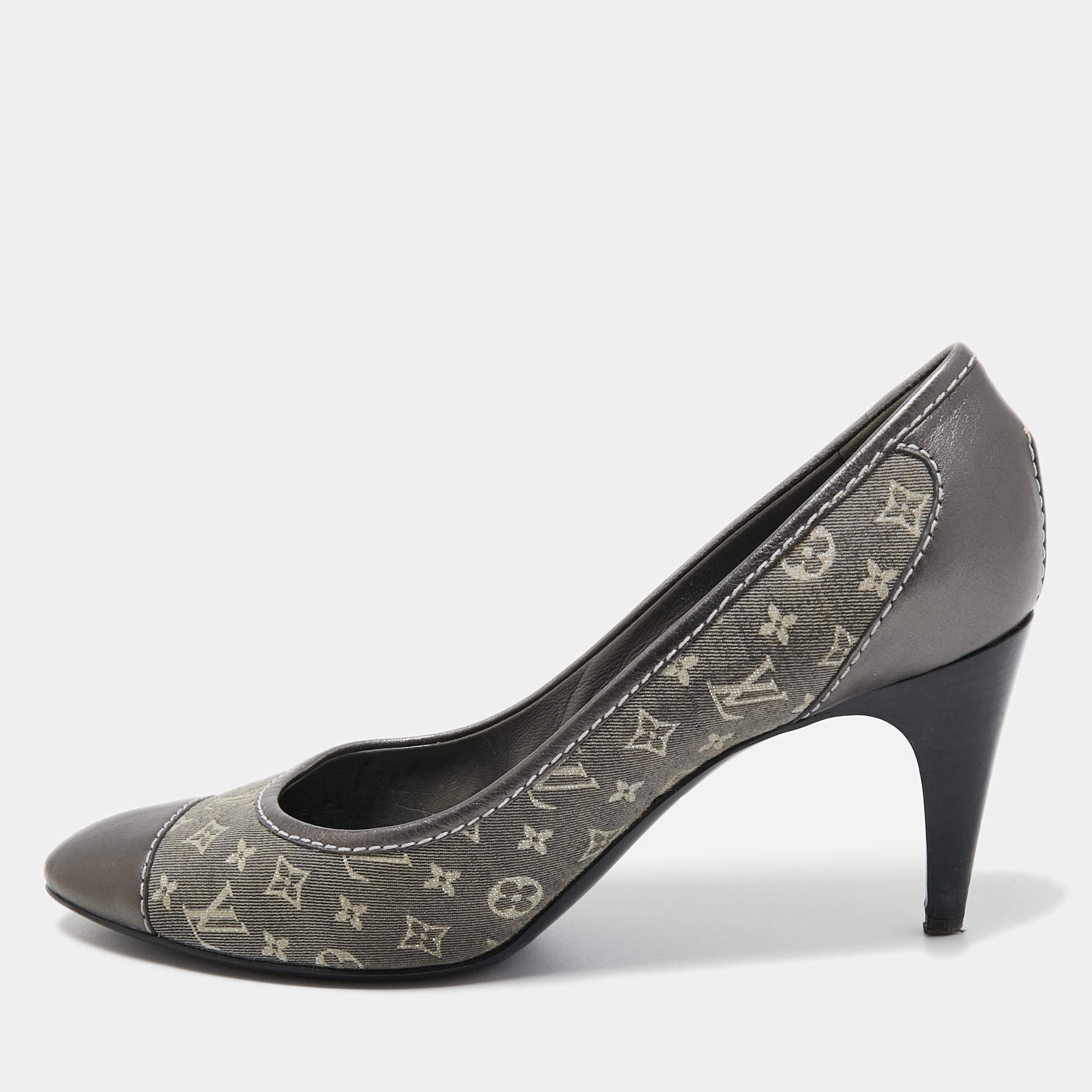 Pre Owned Louis Vuitton Grey Monogram Idylle Canvas and Leather Cap Toe Pumps Size 37.5
