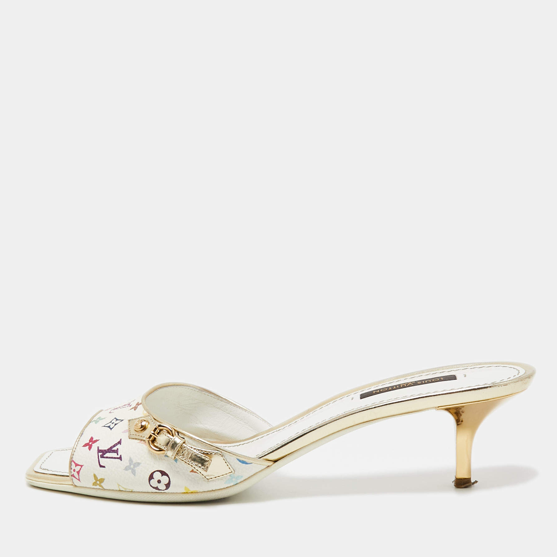 Louis Vuitton White Leather and Monogram Canvas Slide Sandals Size 37.5