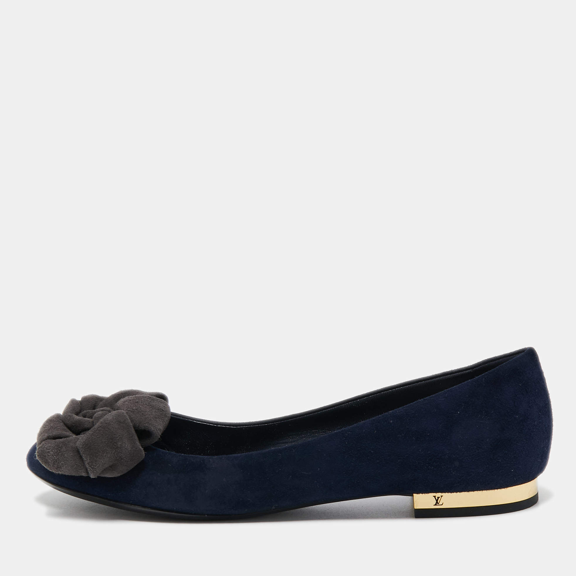 Pre Owned Louis Vuitton Navy Blue Suede Flower Embellished Ballet Flats Size 36.5