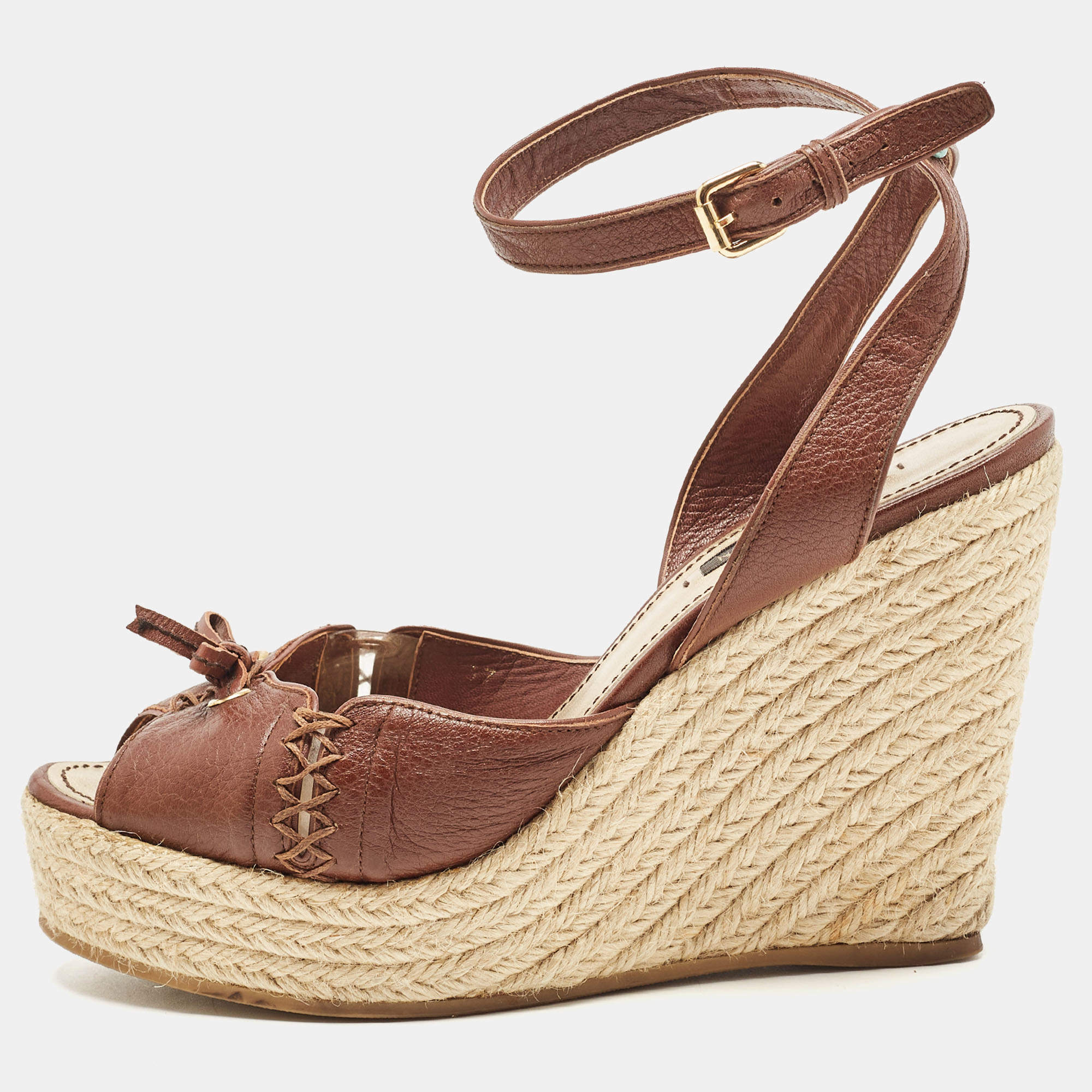 مملوكة مسبقًا Louis Vuitton Brown Leather Wedge  Ankle Strap Sandals Size 37