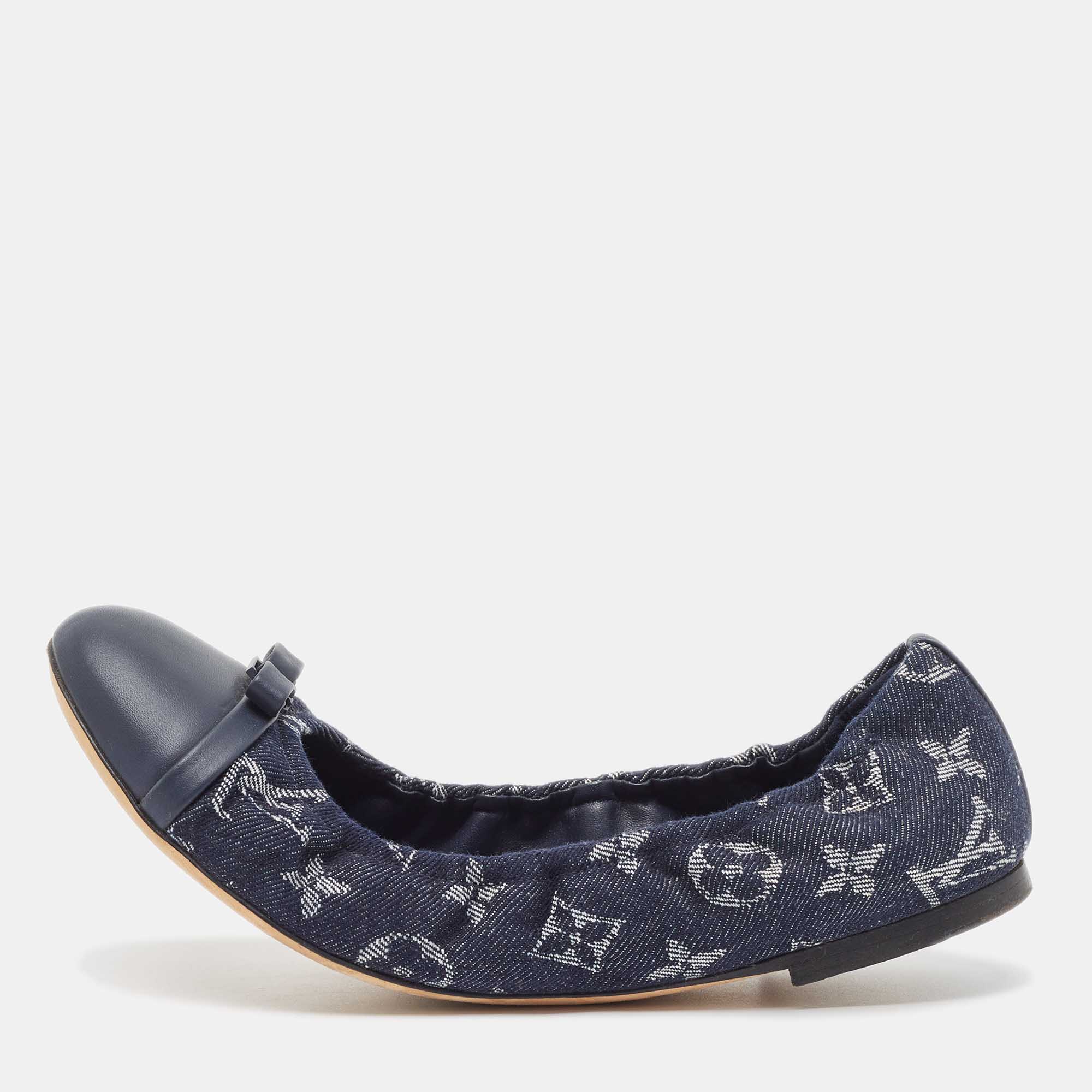 Pre Owned Louis Vuitton Navy Blue Monogram Canvas and Leather Elba Bow Ballet Flats Size 39.5