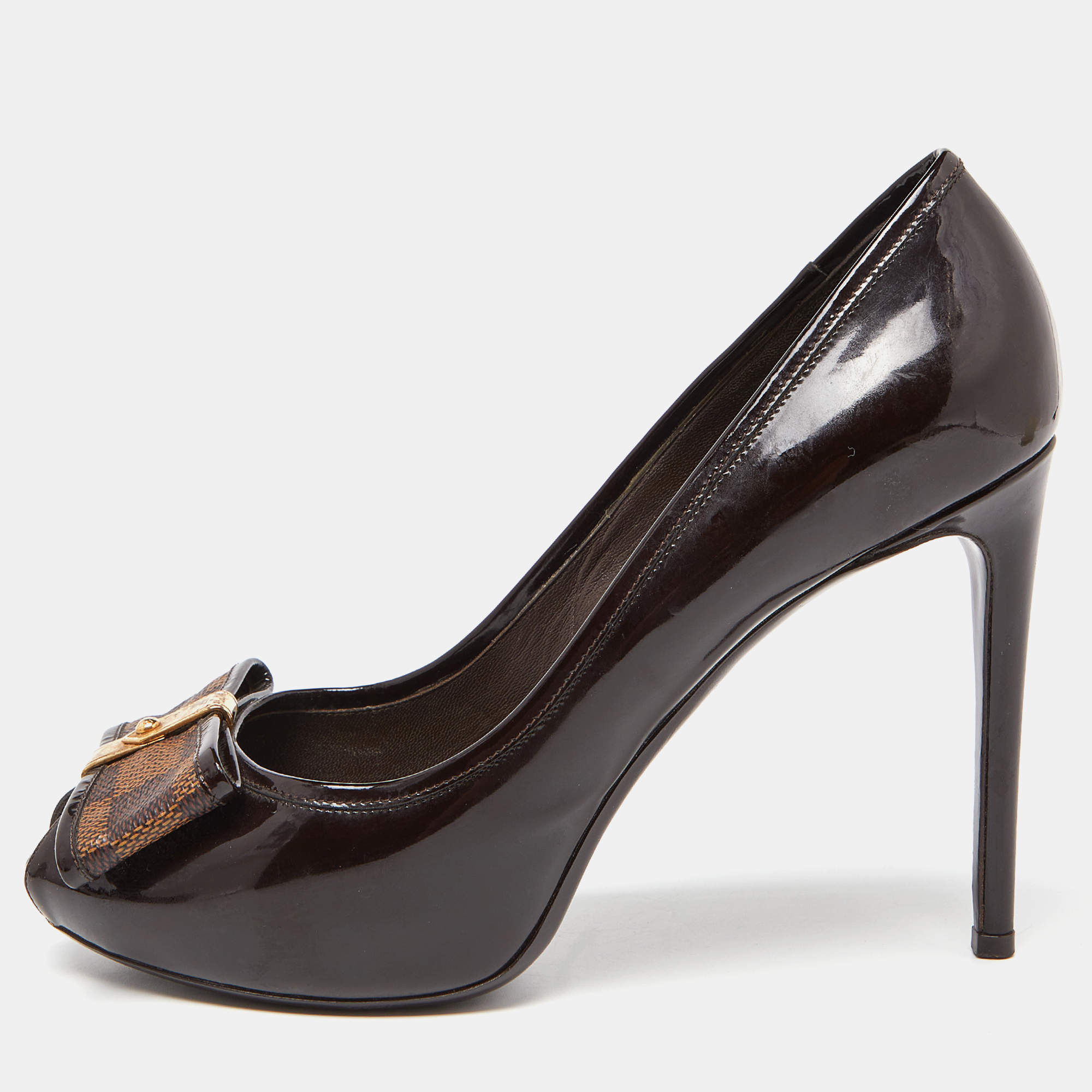 Pre Owned Louis Vuitton Brown Patent Leather Damier Bow Peep Toe Pumps Size 39