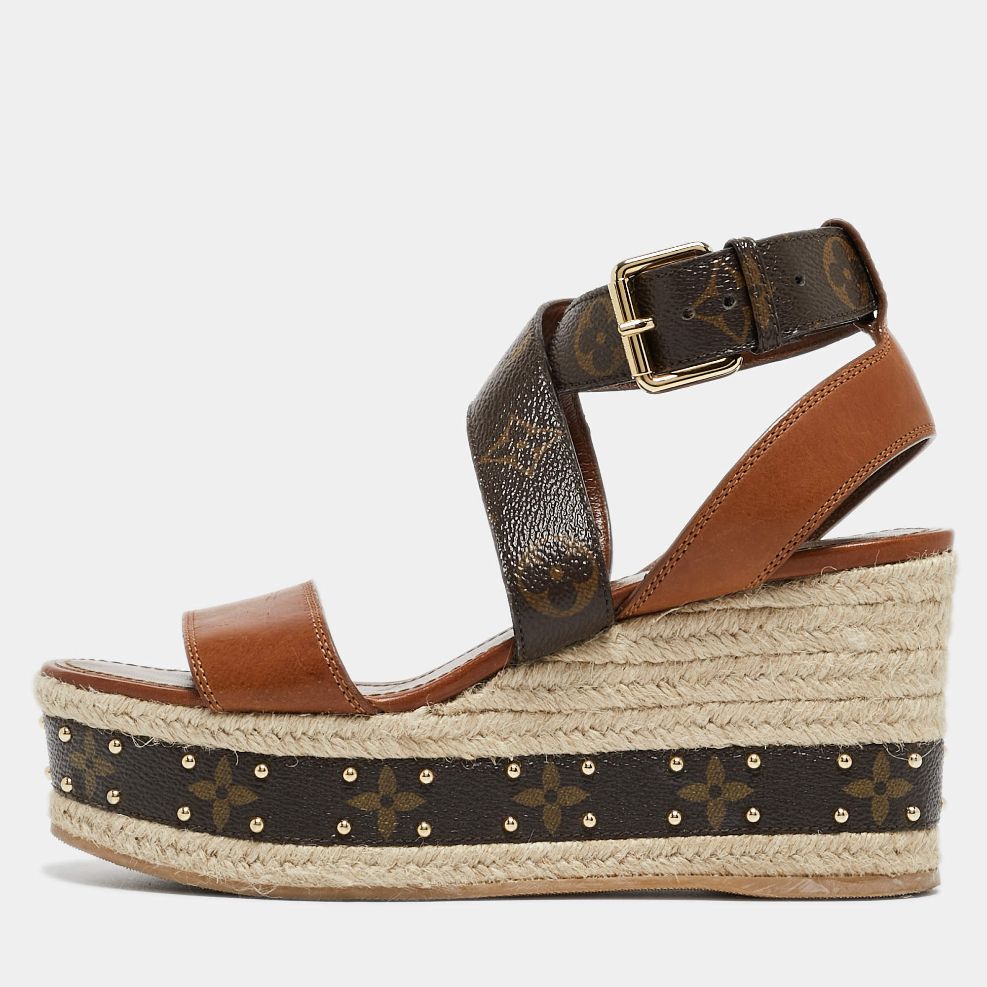 مملوكة مسبقًا Louis Vuitton Brown Leather and Monogram Canvas Espadrille Ankle Strap Sandals Size 37