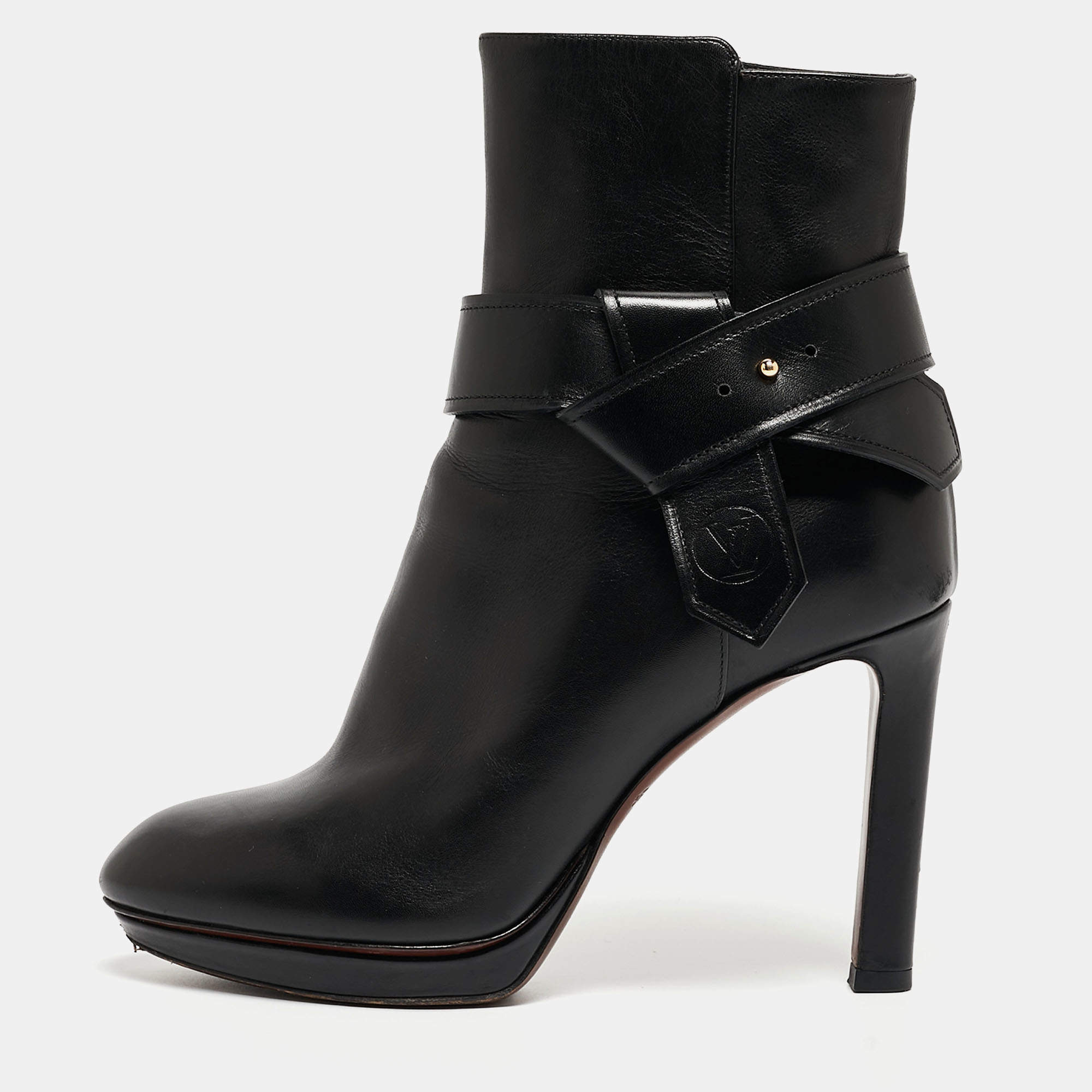 Pre Owned Louis Vuitton Black Leather Platform Ankle Booties Size 37