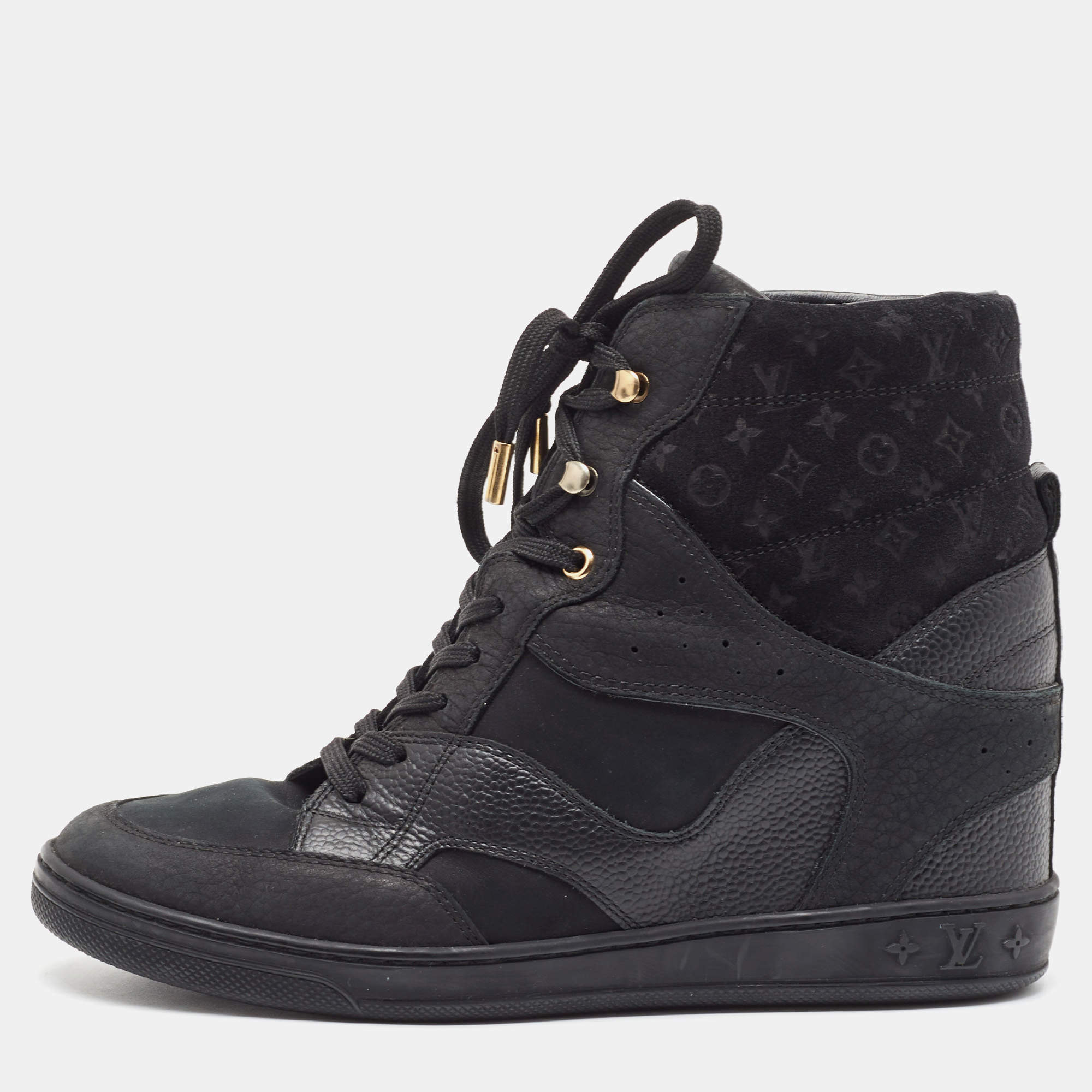 Louis Vuitton Black Nubuck Leather and Monogram Suede Cliff High Top Sneakers Size 38.5