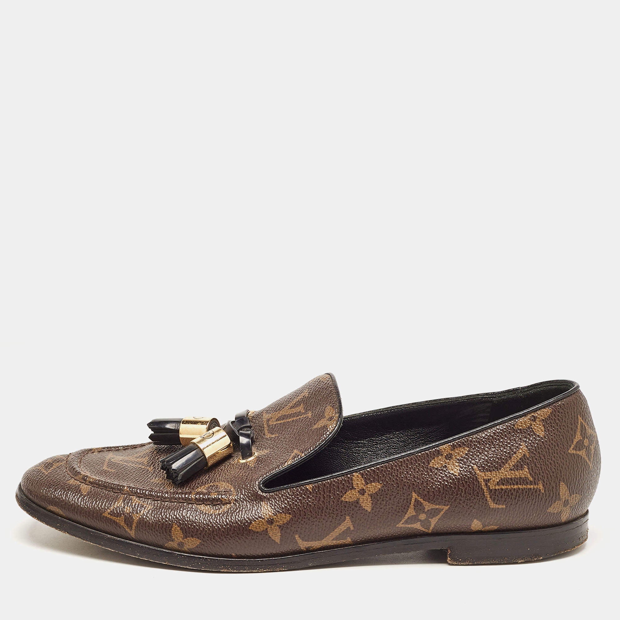 Pre Owned Louis Vuitton Brown Monogram Canvas Society Loafers Size 38.5