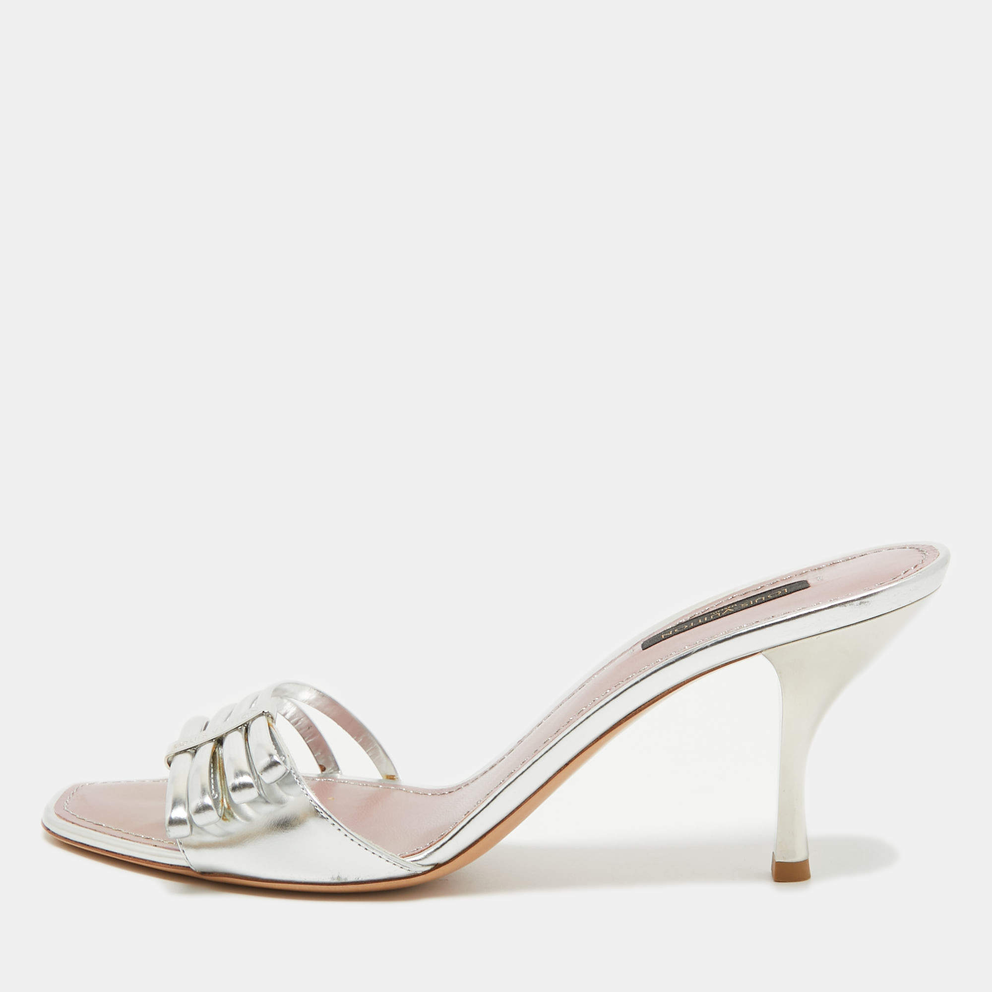 Louis Vuitton Silver Leather Strappy Slide Sandals Size 39