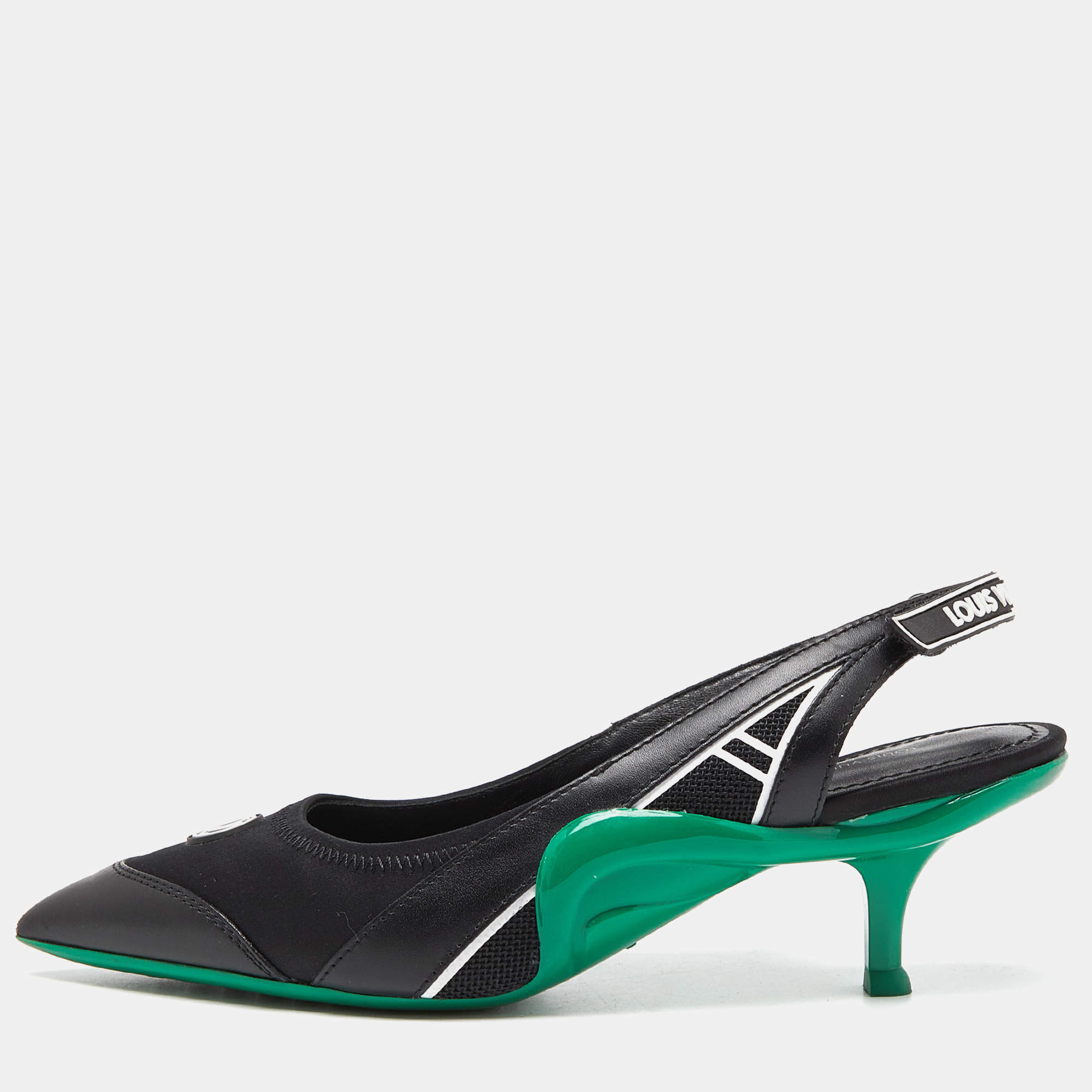 Pre Owned Louis Vuitton Black/Green Satin, Mesh and Leather Archlight Slingback Pumps Size 38