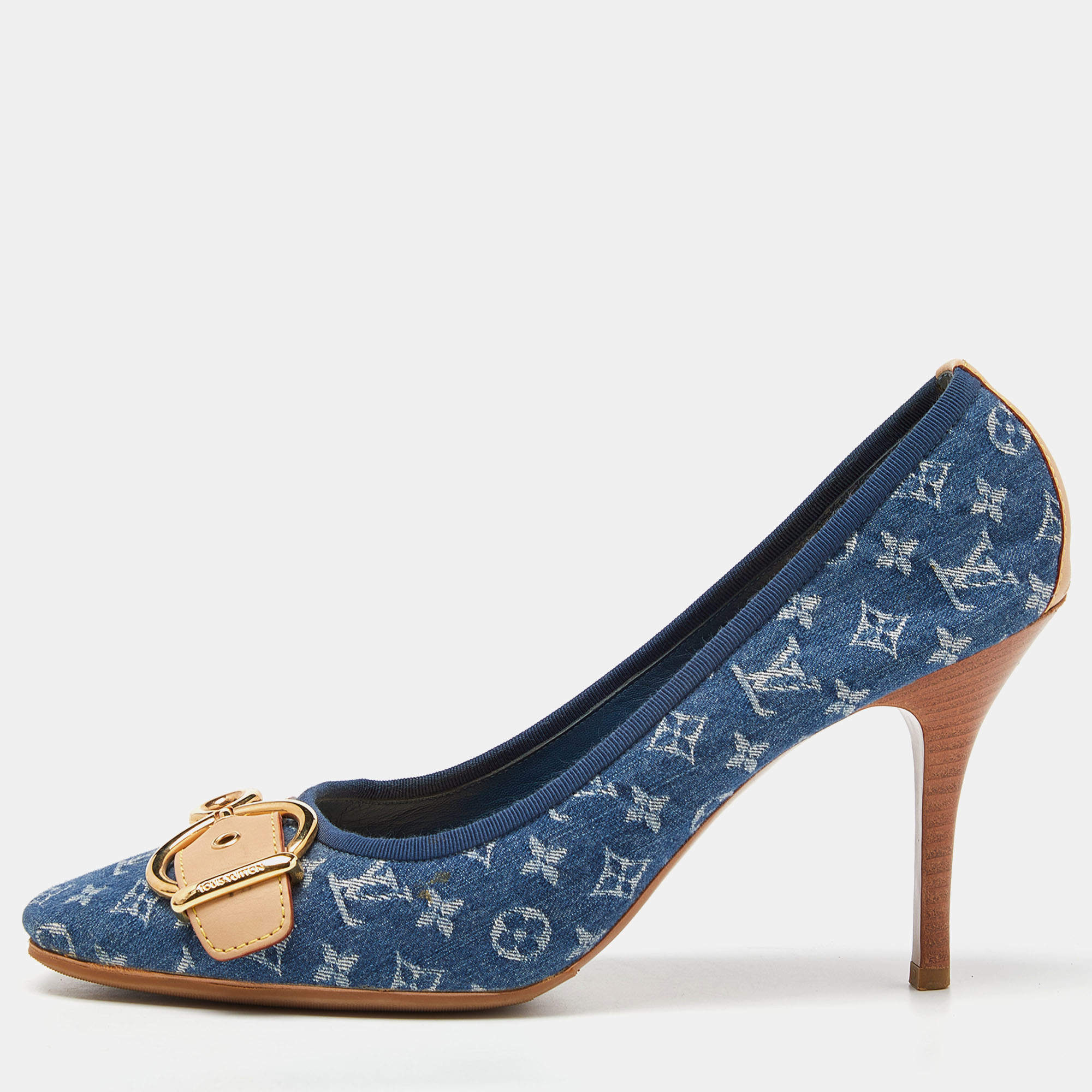Pre Owned Louis Vuitton Navy Blue Denim and Leather Pumps Size 41