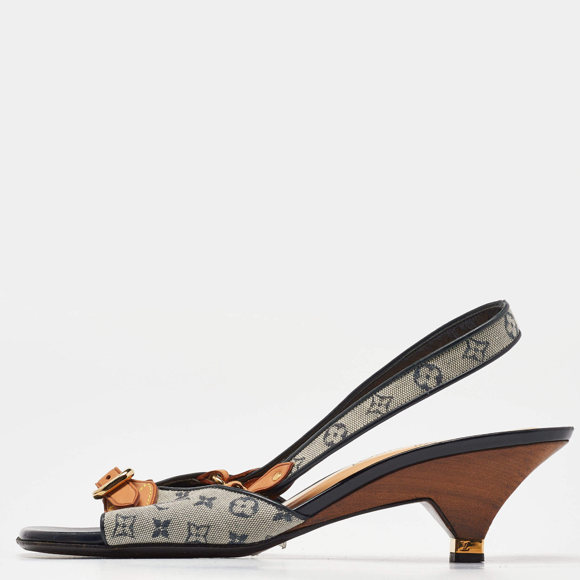 Louis Vuitton Beige/Black Monogram Canvas and Leather Slingback Sandals Size 39.5