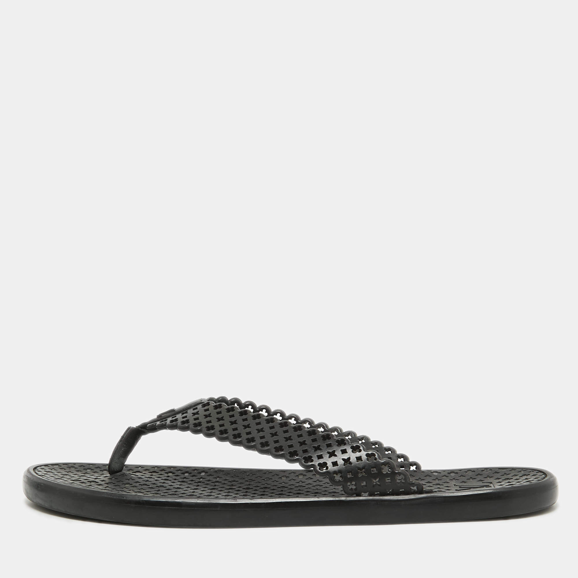 Pre Owned Louis Vuitton Black Leather Thong Flat Sandals Size 39.5