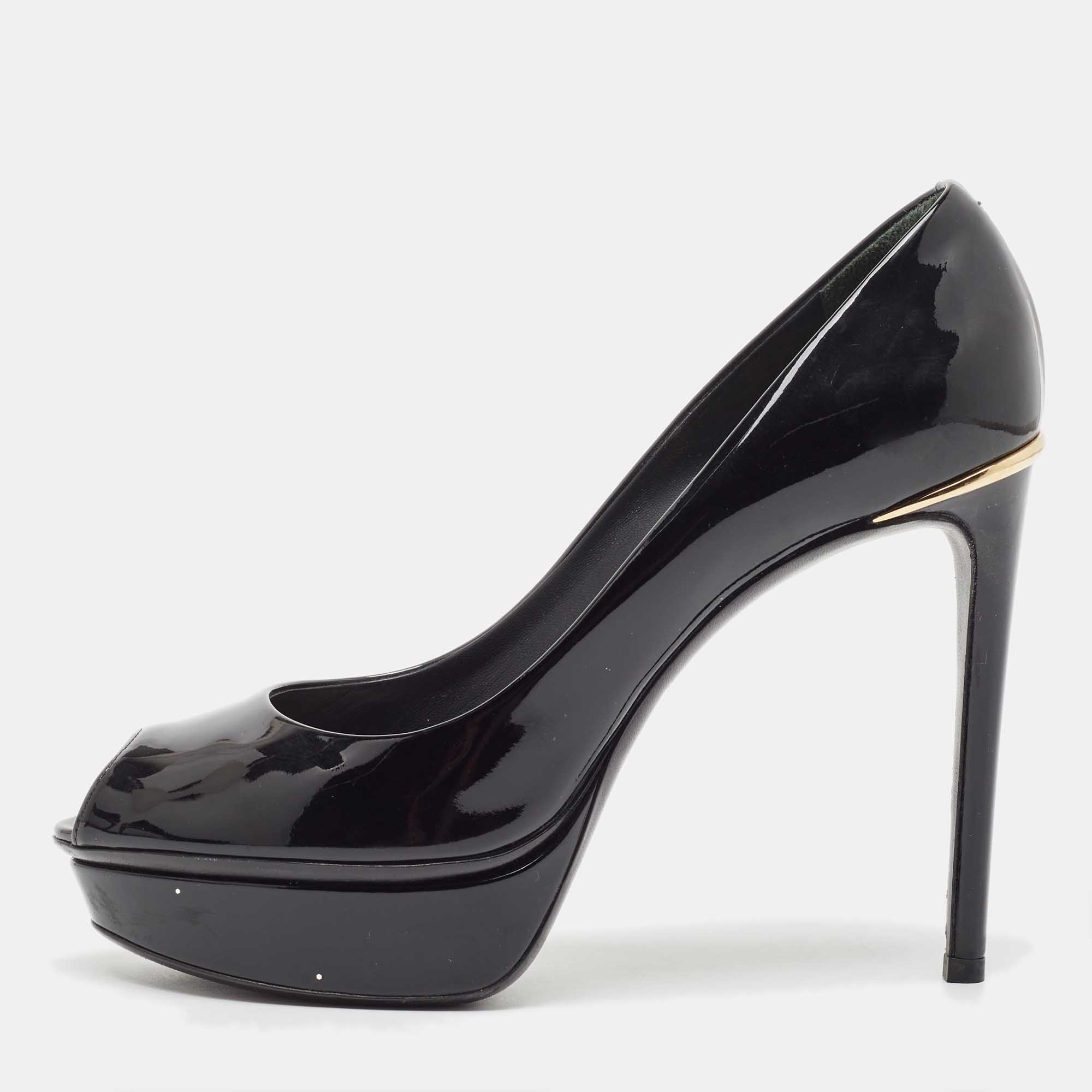 Louis Vuitton Black Patent Leather Peep Toe Platform Pumps Size 36.5