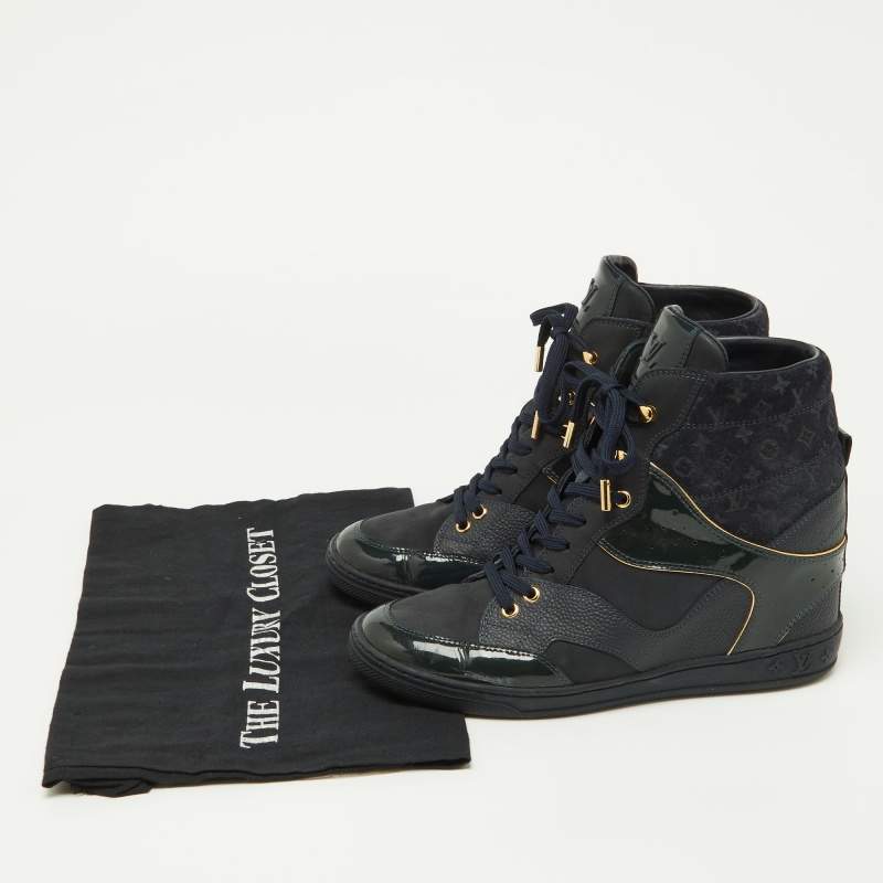 Pre Owned Louis Vuitton Navy Blue Monogram Embossed Suede and Leather Millenium Wedge Sneakers Size 39