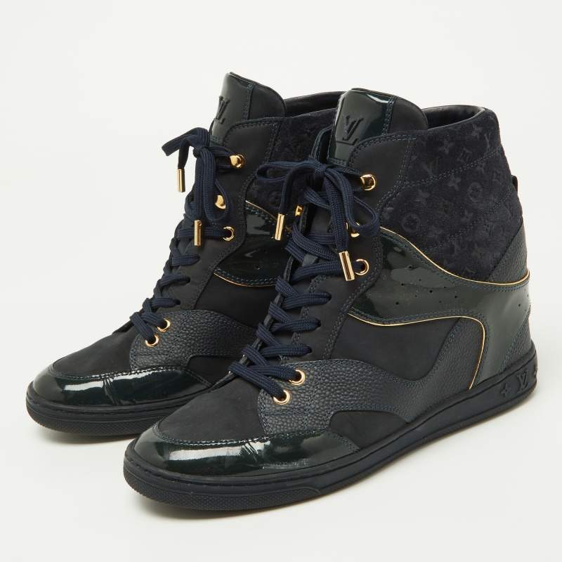 Pre Owned Louis Vuitton Navy Blue Monogram Embossed Suede and Leather Millenium Wedge Sneakers Size 39