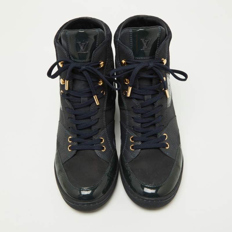 Pre Owned Louis Vuitton Navy Blue Monogram Embossed Suede and Leather Millenium Wedge Sneakers Size 39