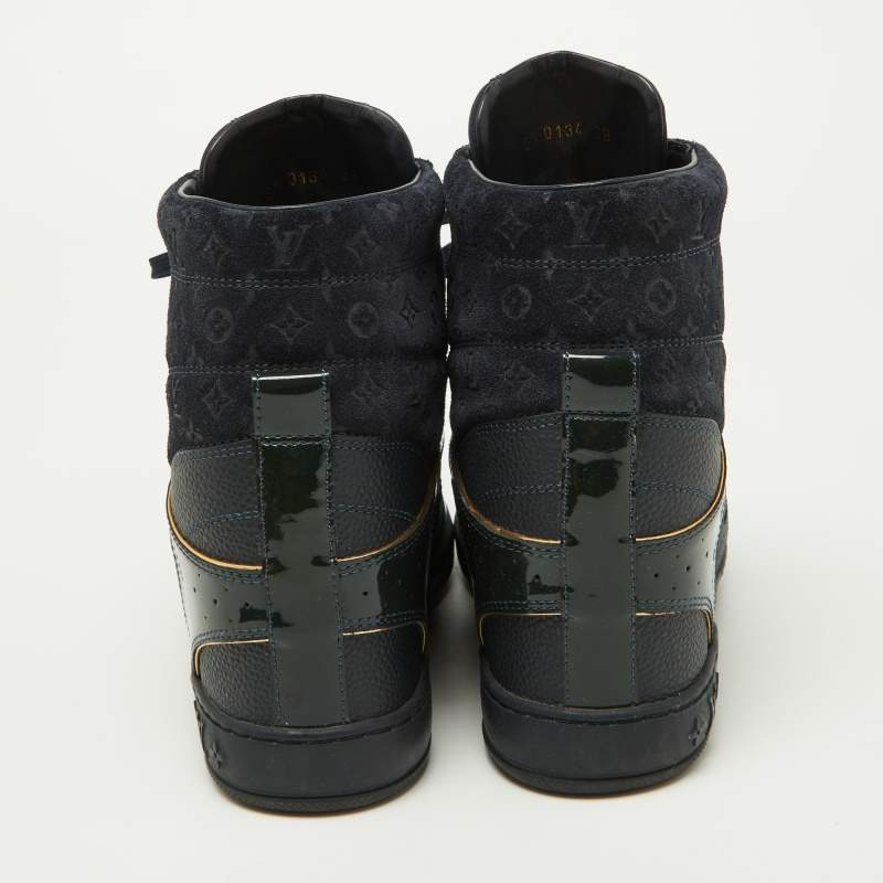 Pre Owned Louis Vuitton Navy Blue Monogram Embossed Suede and Leather Millenium Wedge Sneakers Size 39