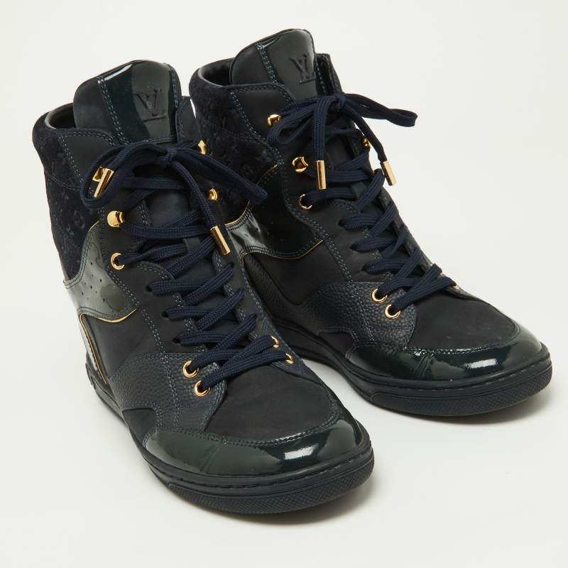 Pre Owned Louis Vuitton Navy Blue Monogram Embossed Suede and Leather Millenium Wedge Sneakers Size 39