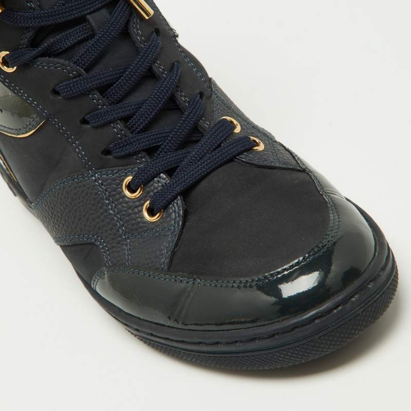 Pre Owned Louis Vuitton Navy Blue Monogram Embossed Suede and Leather Millenium Wedge Sneakers Size 39