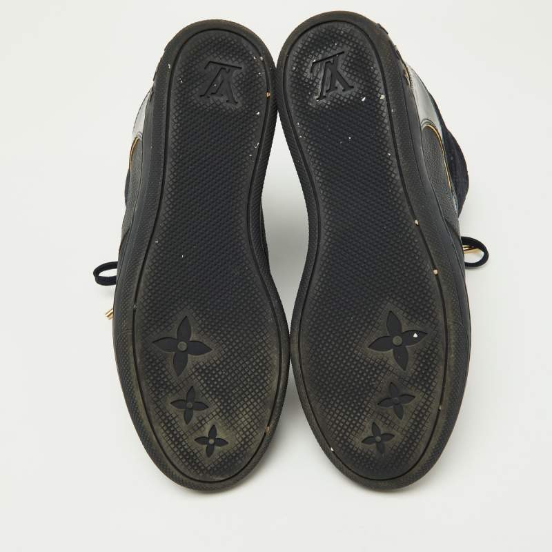 Pre Owned Louis Vuitton Navy Blue Monogram Embossed Suede and Leather Millenium Wedge Sneakers Size 39