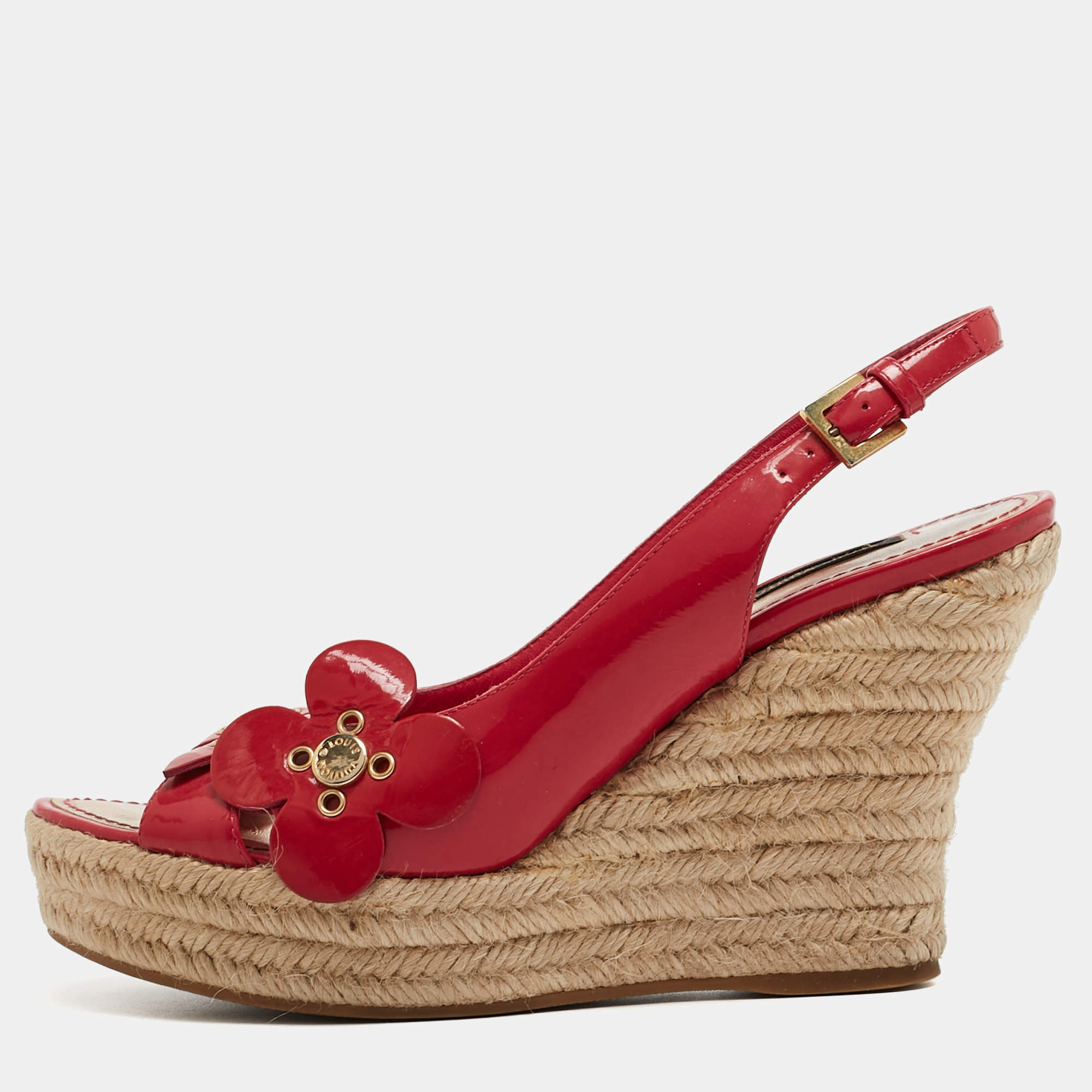 Louis Vuitton Red Patent Leather Slingback Wadge  Espadrille Sandals Size 36.5