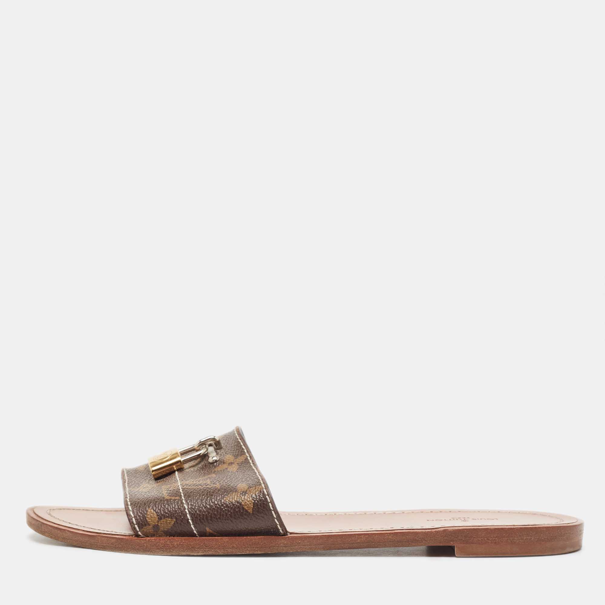 Louis Vuitton Brown Monogram Canvas Lock It  Flat Slides Size 37.5