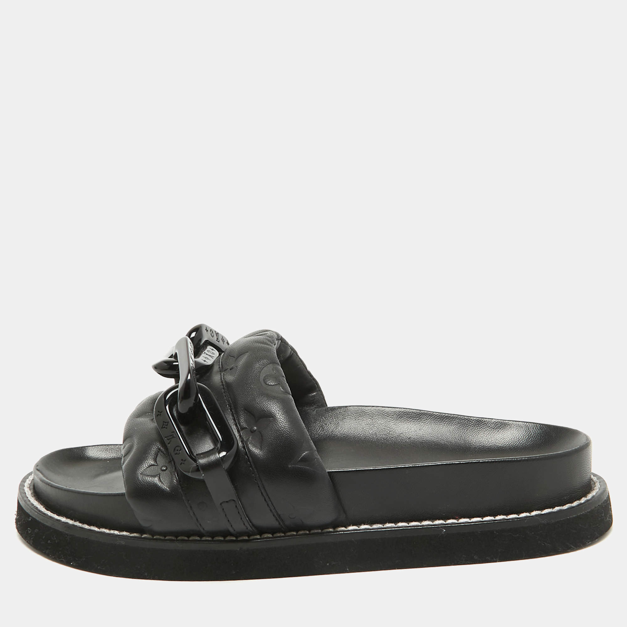 Louis Vuitton Black Monogram Embossed Leather LV Sunset Slides Size 37