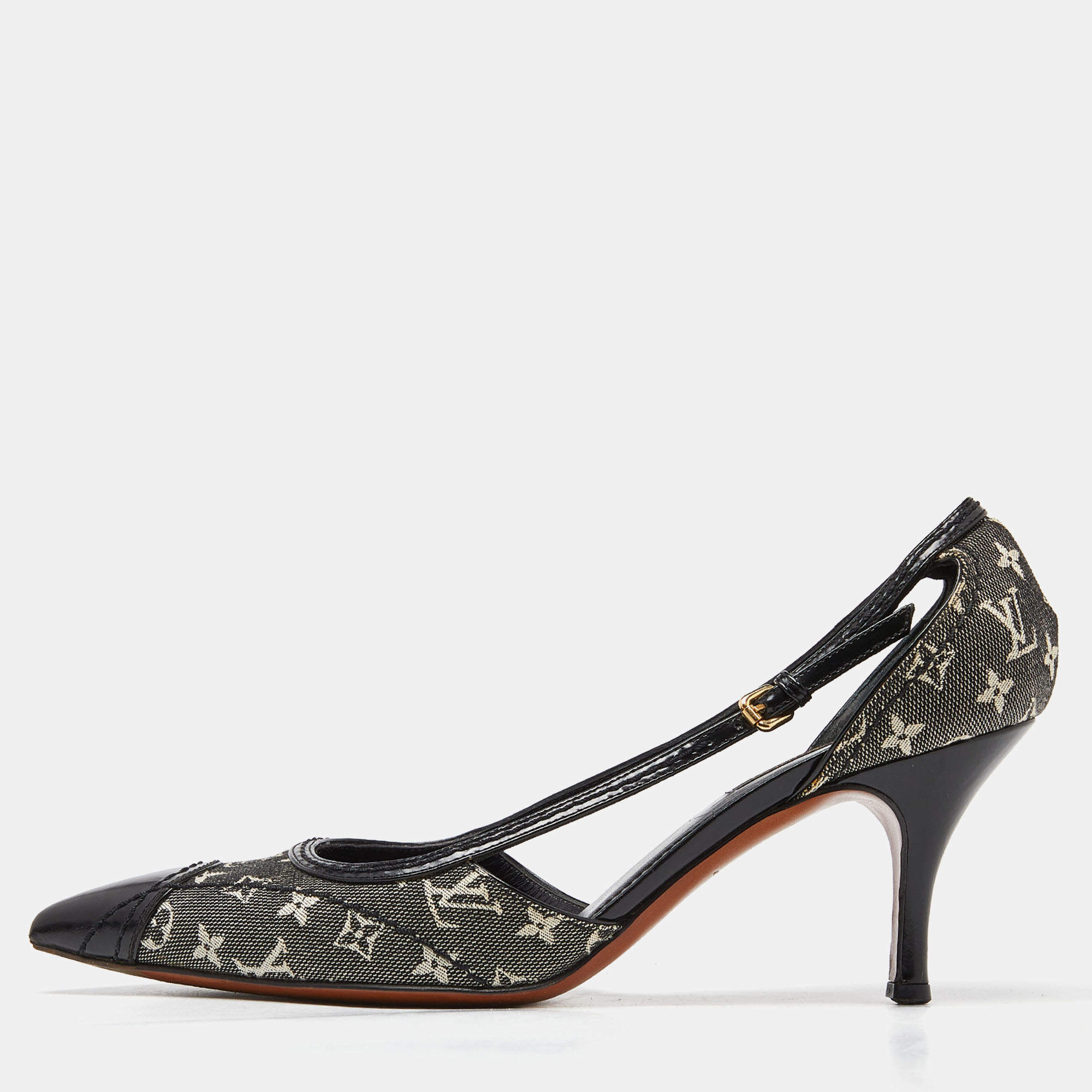 Pre Owned Louis Vuitton Black Monogram Canvas and Leather Cap Toe Pumps Size 37.5 