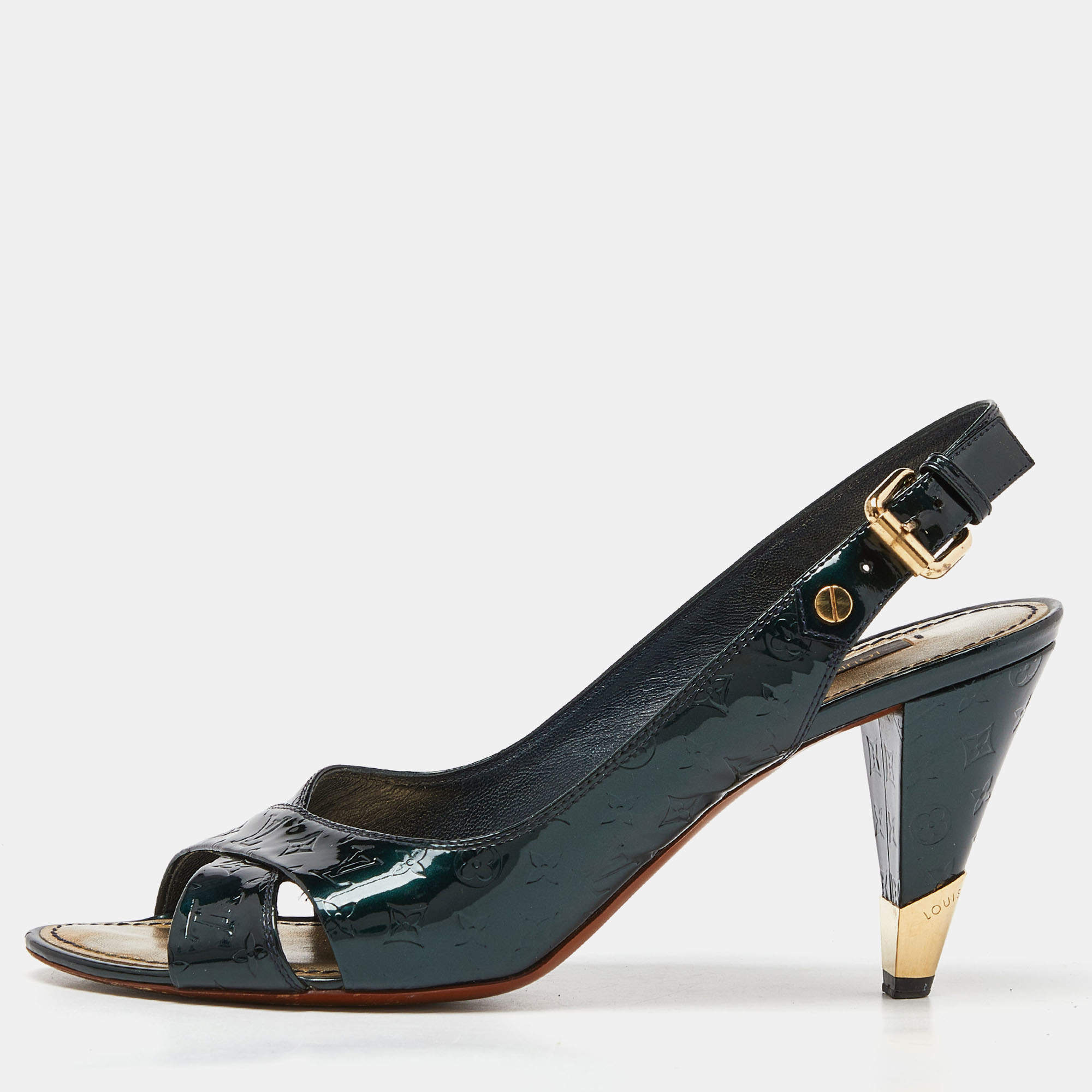 Pre Owned Louis Vuitton Dark Green Monogram Vernis Patent Slingback Pumps Size 38.5