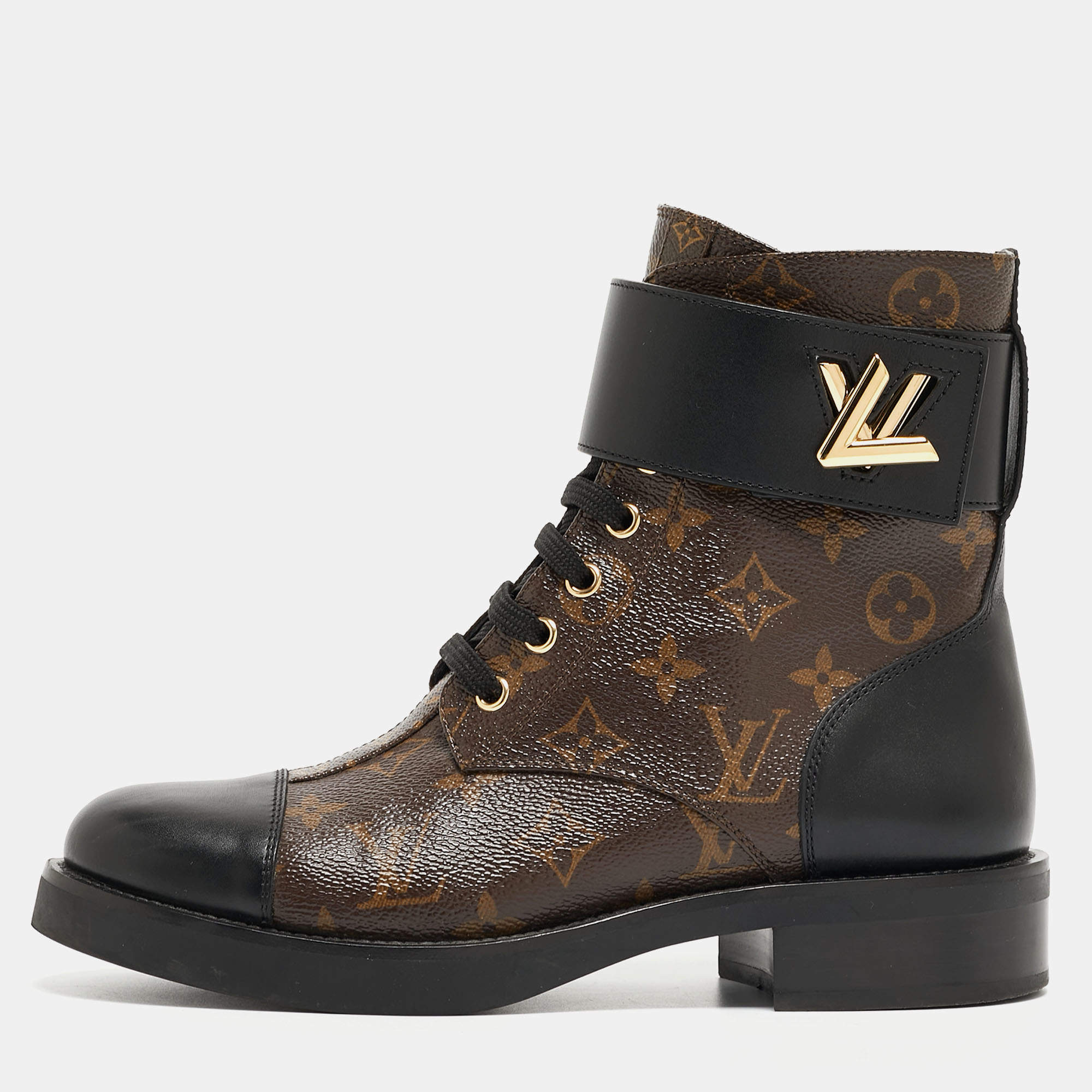 Pre Owned Louis Vuitton Brown/Black Monogram Canvas Wonderland Ranger Boots Size 38.5