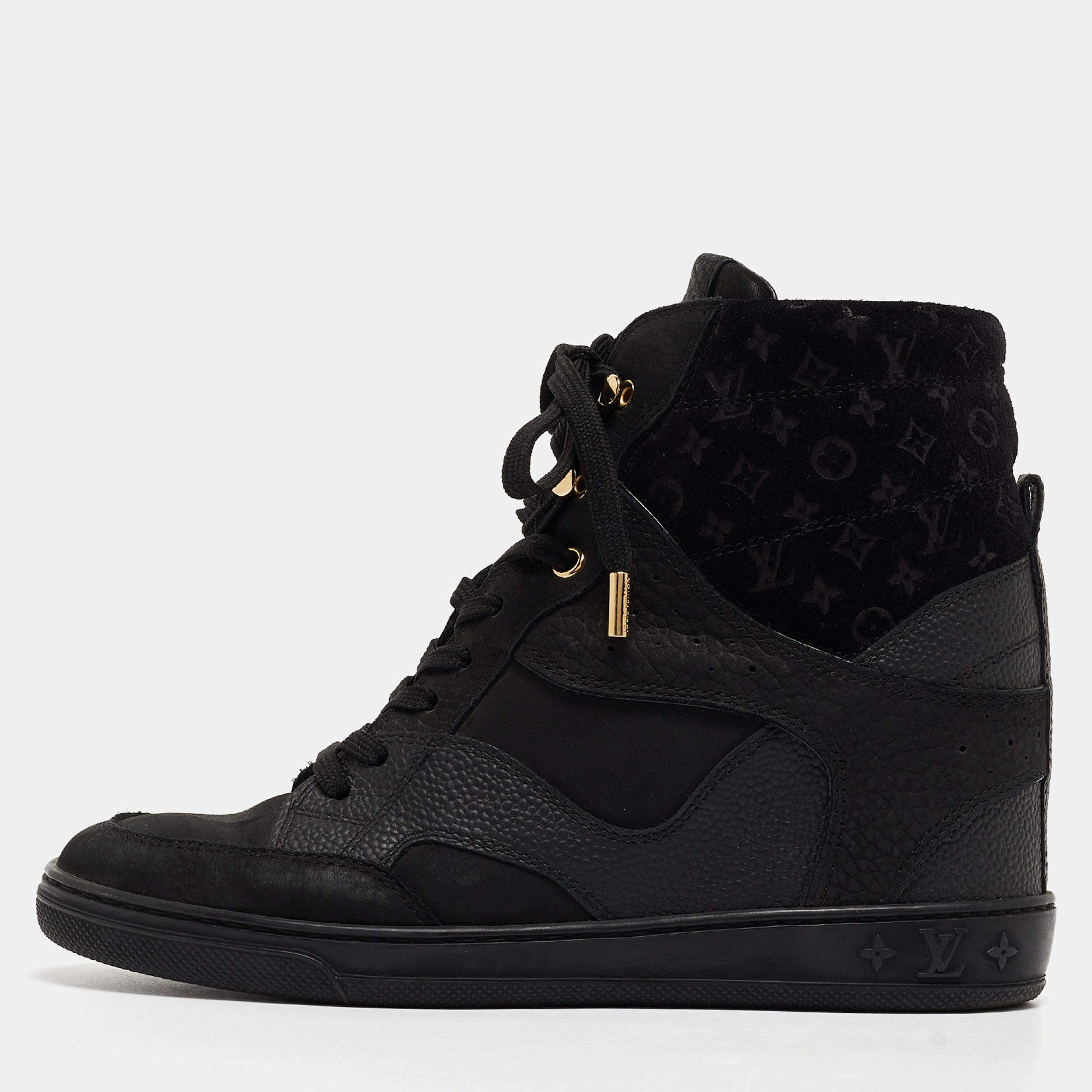 Louis Vuitton Black Leather and Monogram Suede Cliff Wedge Sneakers Size 37