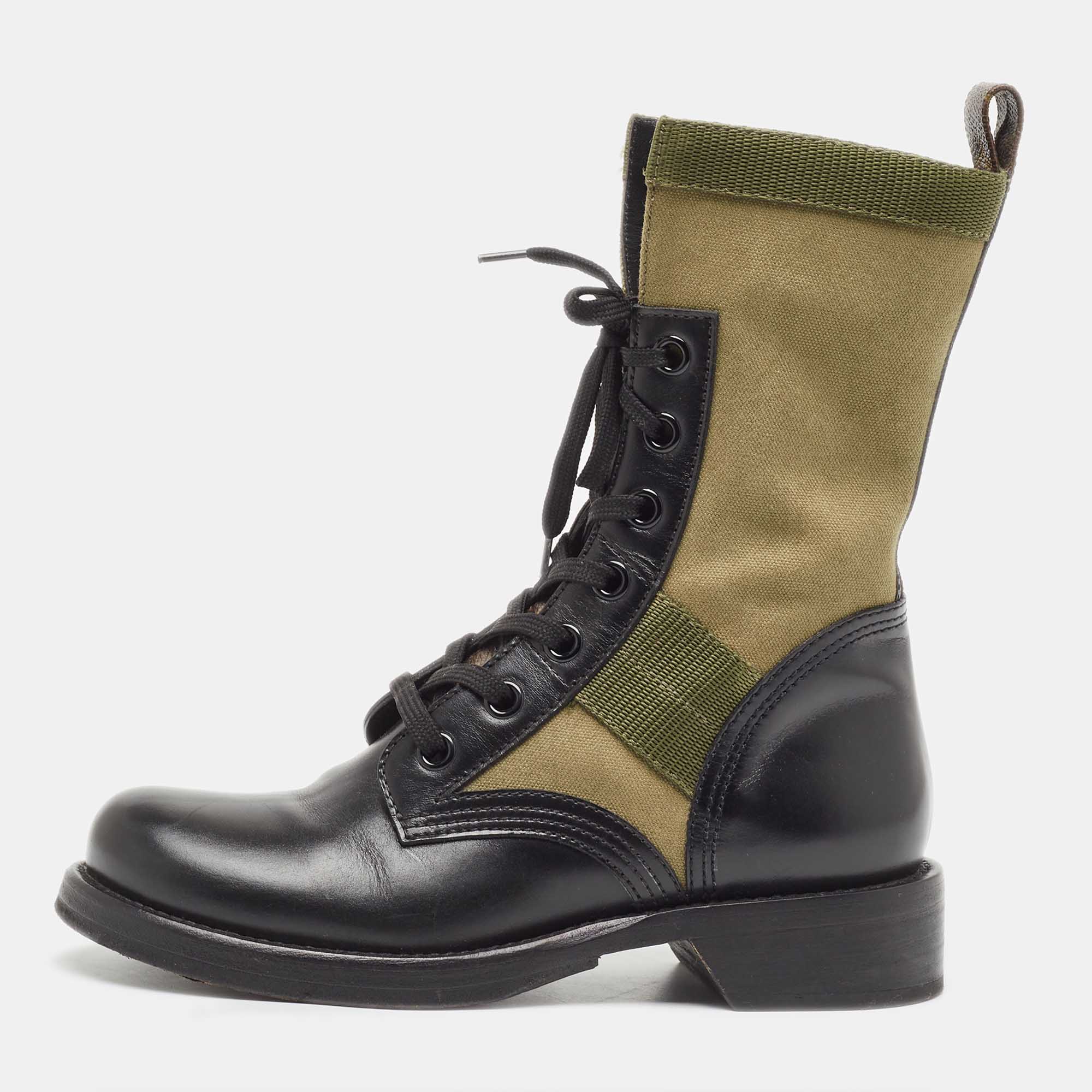 Pre Owned Louis Vuitton Black/Green Canvas and Leather Wonderland Flat Ranger Boots Size 37.5