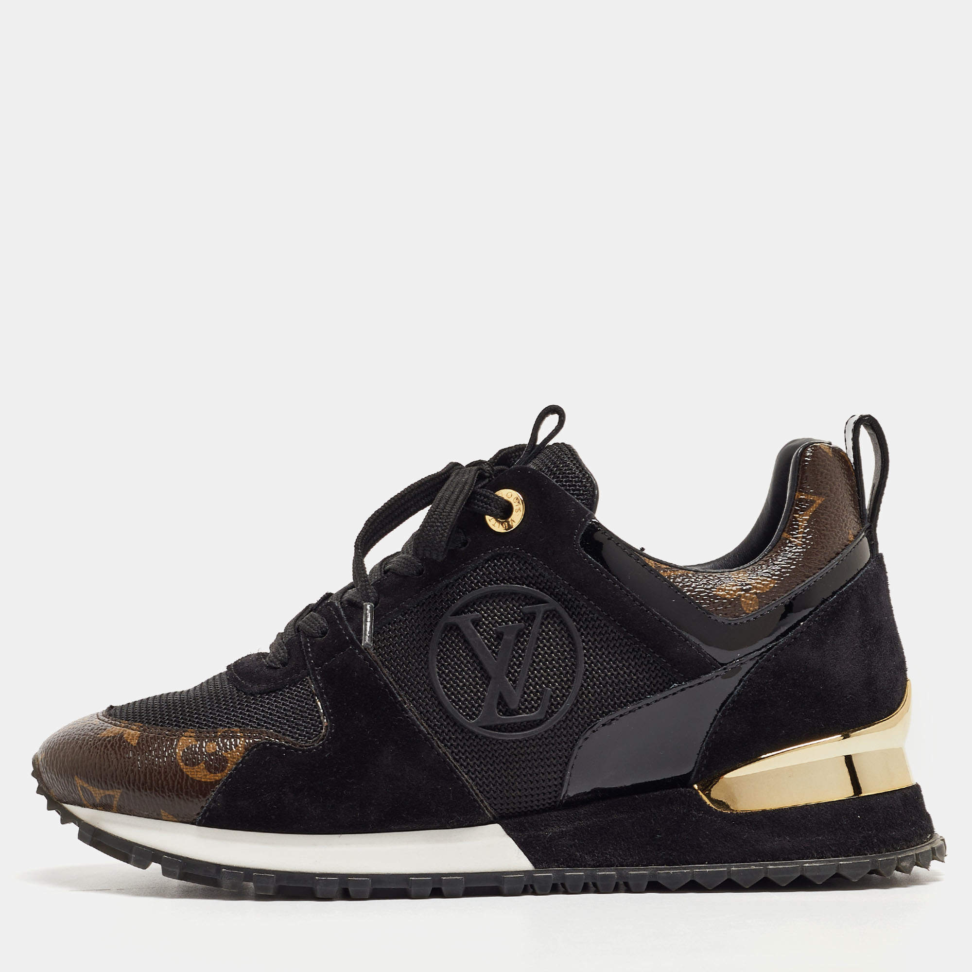 Louis Vuitton Black/Brown Mesh and Monogram Canvas Run Away Sneakers Size 36