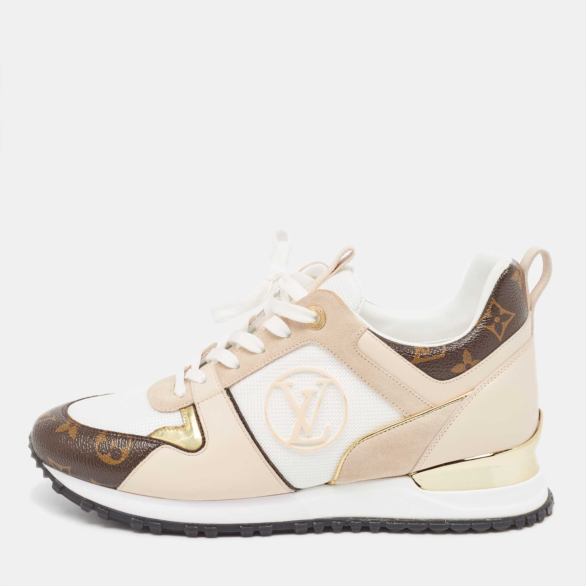 Louis Vuitton White/Brown Mesh and Monogram Canvas Run Away Sneakers Size 40