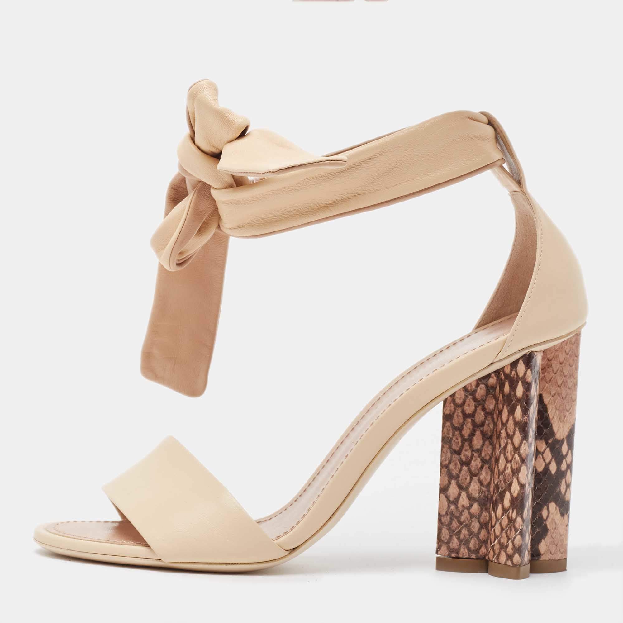 Pre Owned Louis Vuitton Beige Leather Ankle Tie Sandals Size 37