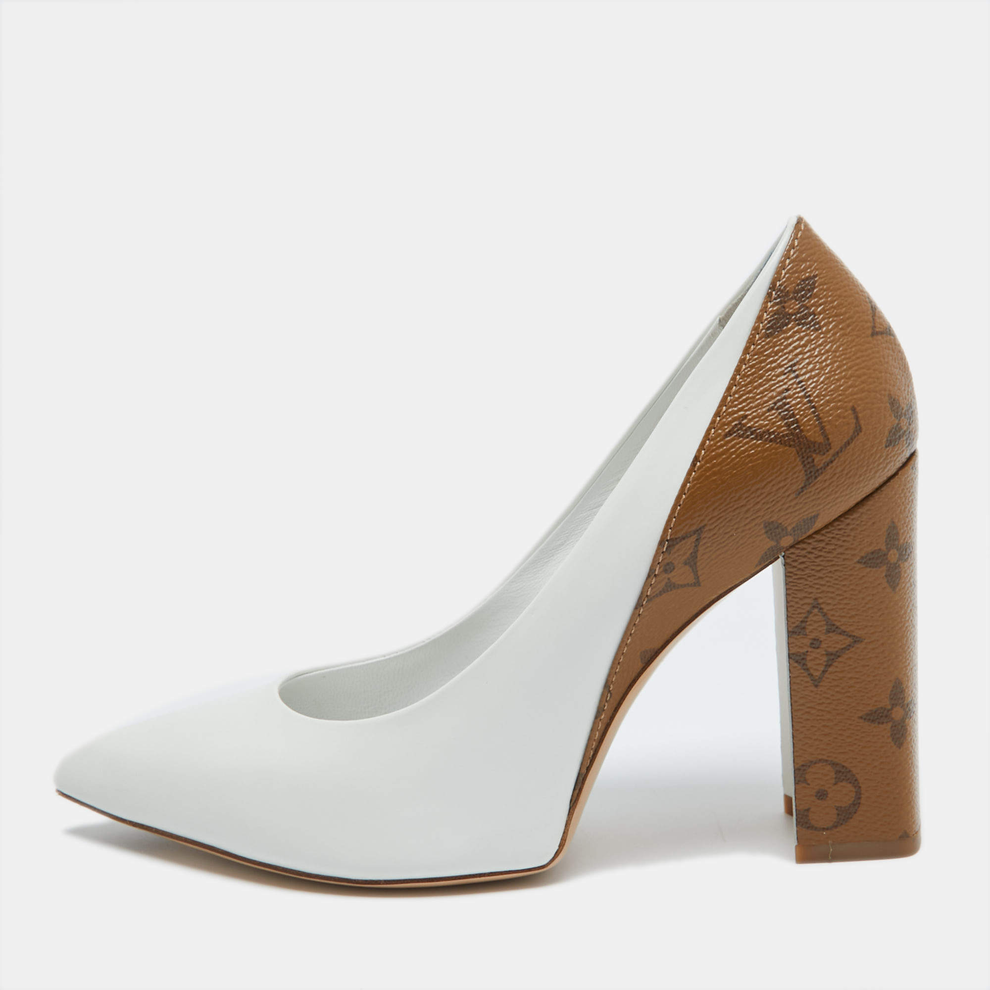 Pre Owned Louis Vuitton White/Brown Leather and Monogram Canvas Matchmake Pumps Size 38