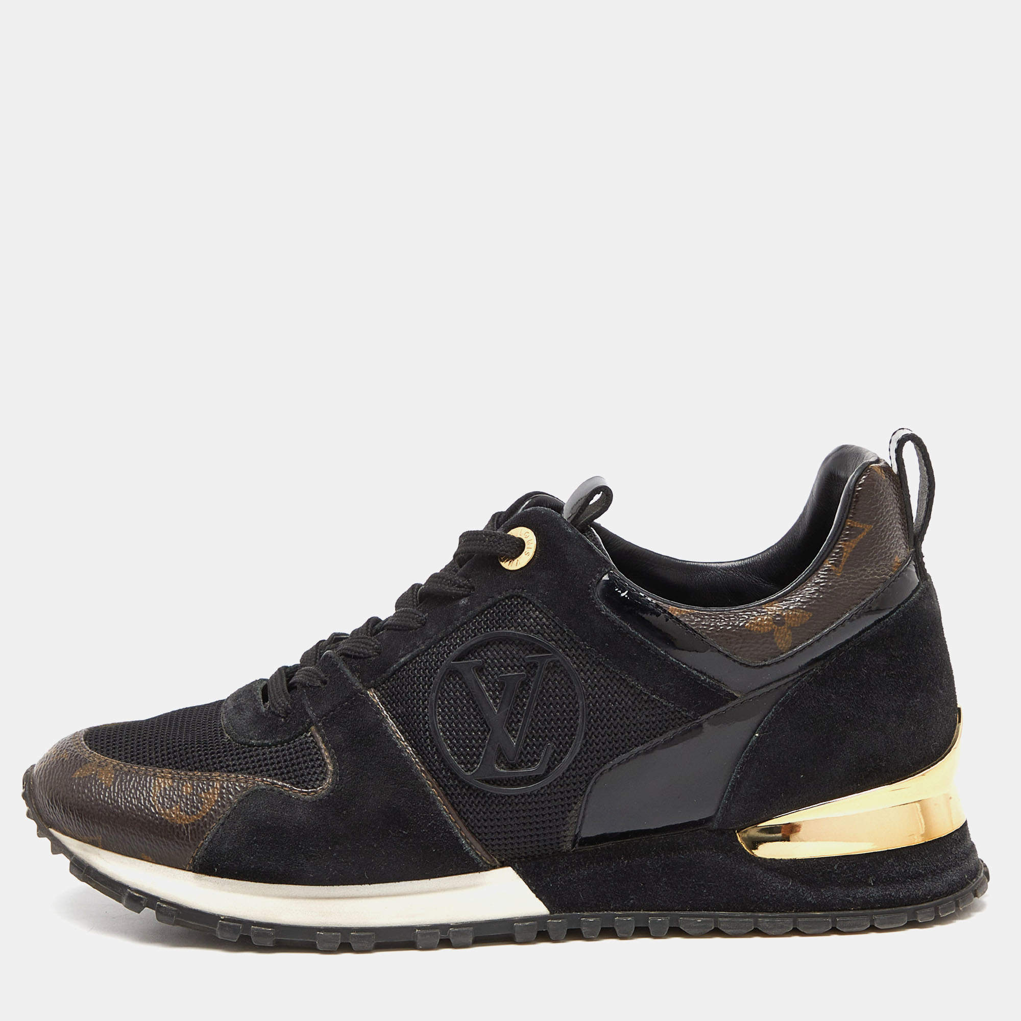 Louis Vuitton Black/Brown Monogram Canvas, Suede and Mesh Run Away Low Top Sneakers Size 36.5
