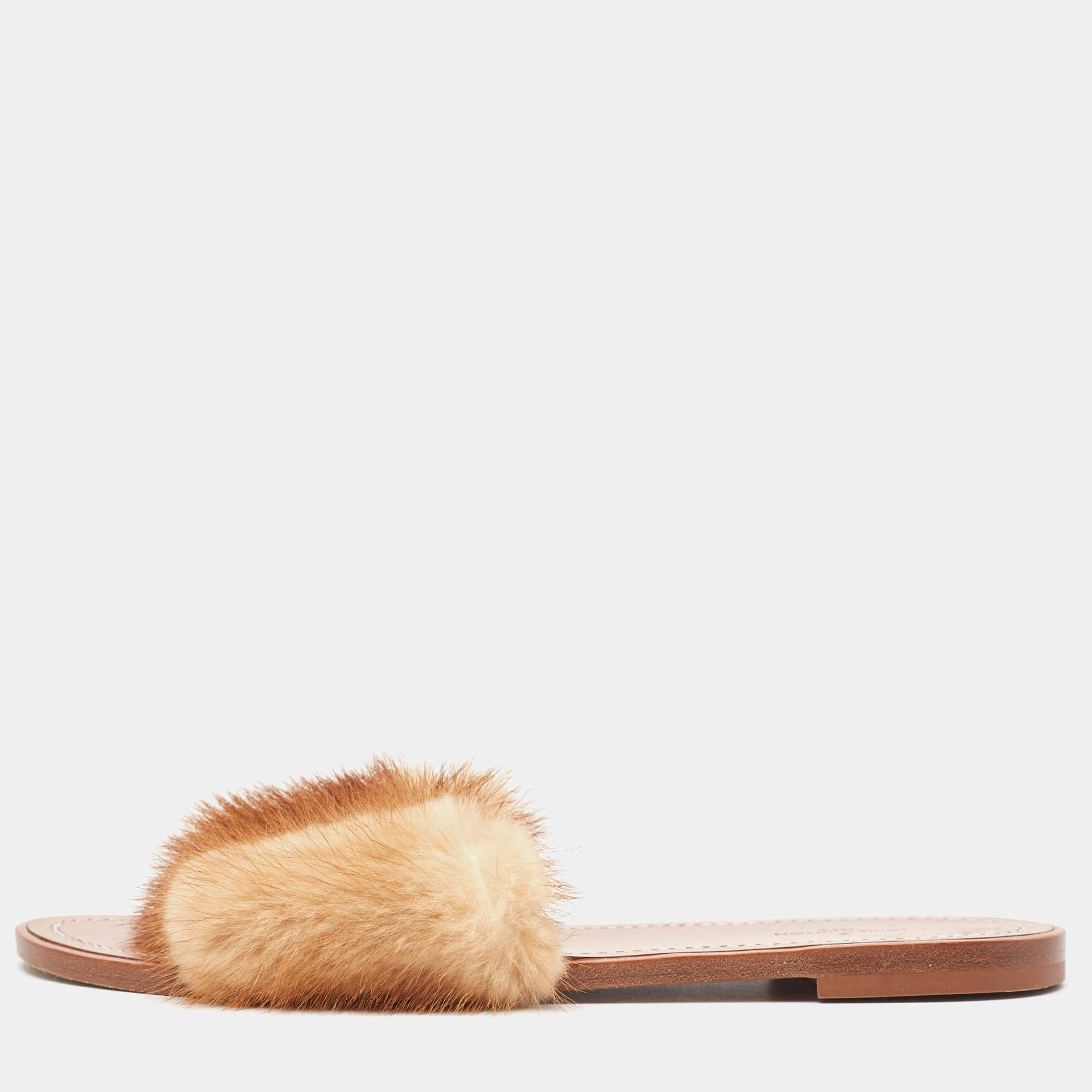 Louis Vuitton Brown Fur Lock It Flat Slides Size 38 