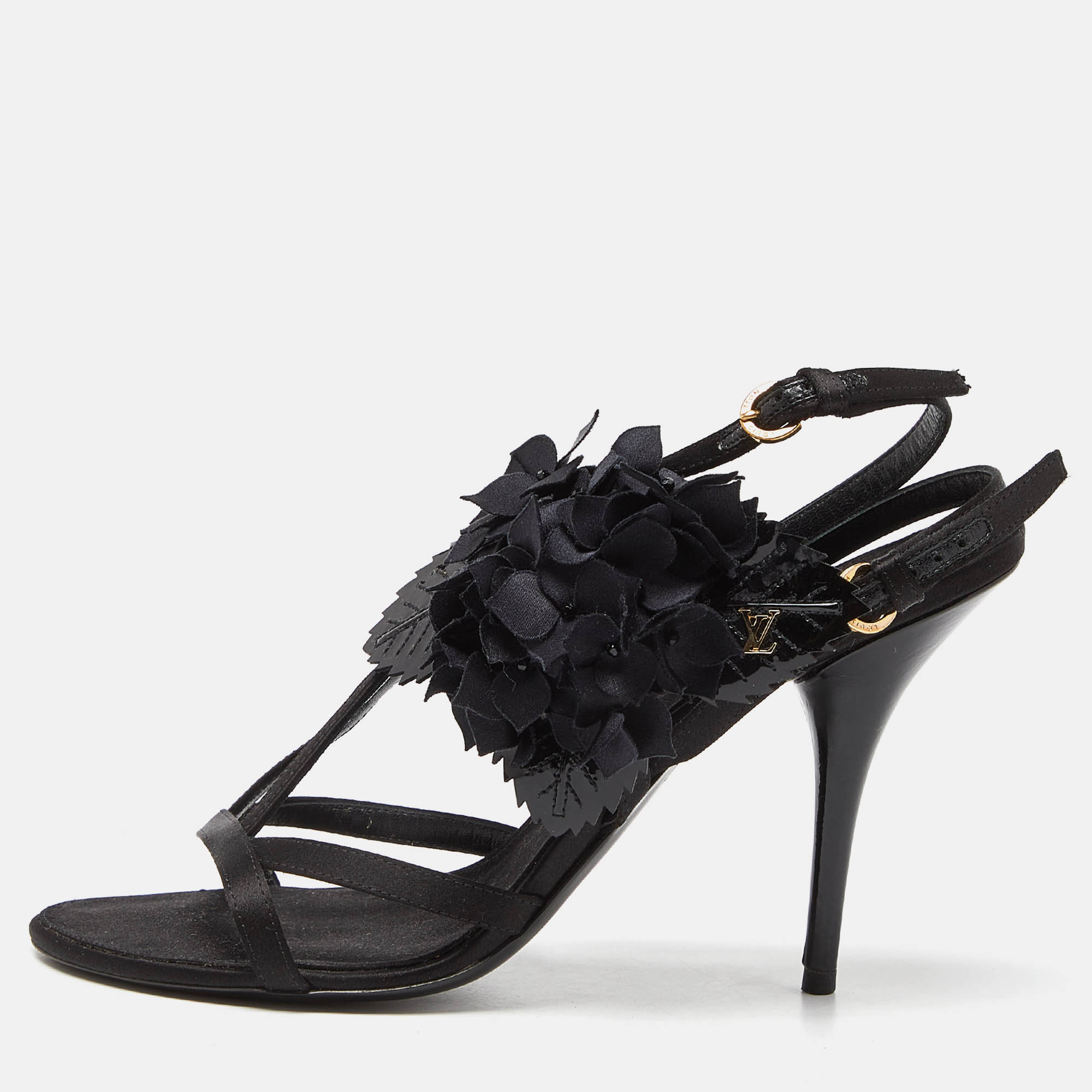Louis Vuitton Black Satin and Patent Leather Flower Embellished Ankle Strap Sandals Size 38.5