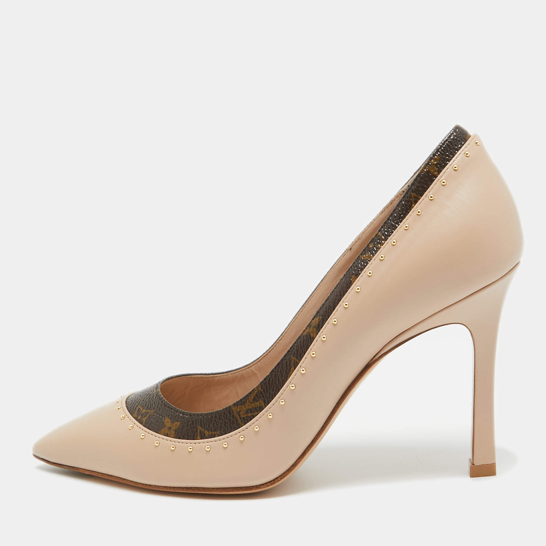 Pre Owned Louis Vuitton Beige/Brown Leather and Monogram Canvas Studded Pumps Size 37