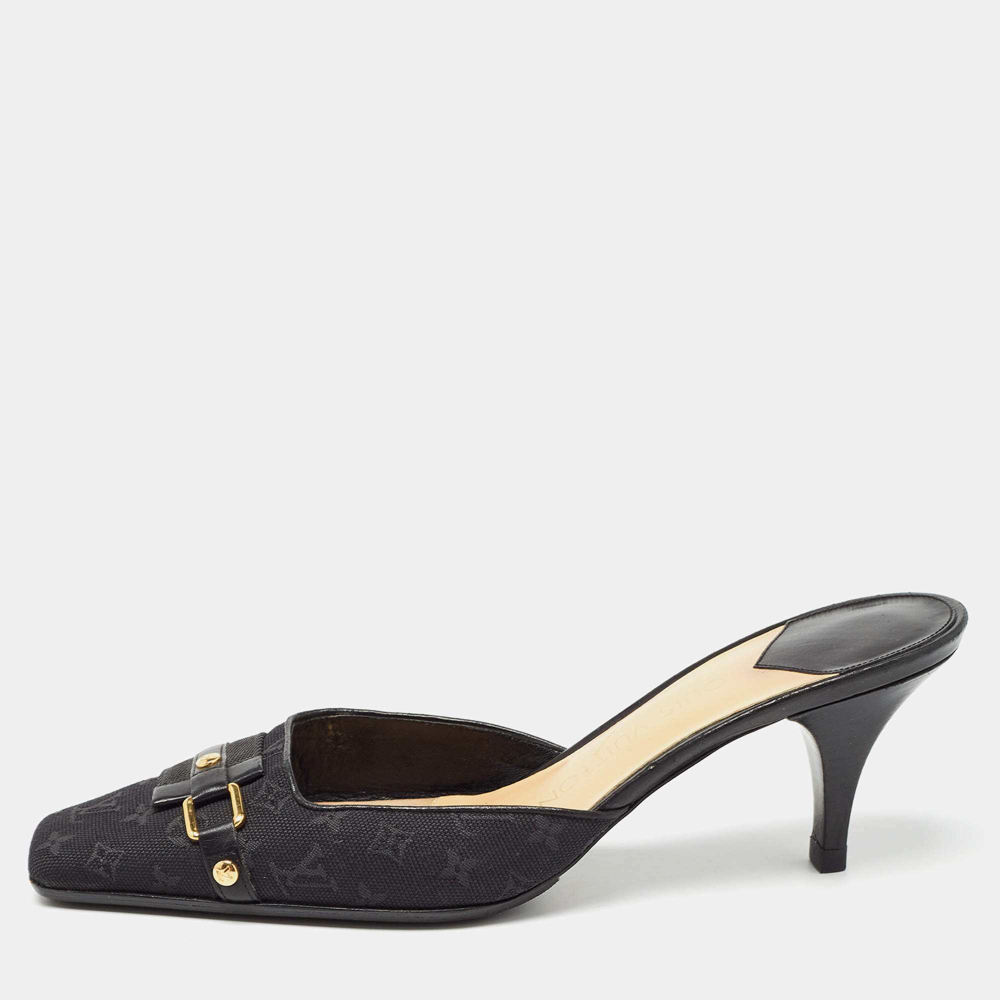 Louis Vuitton Black Monogram Canvas and Leather Slide Mules Size 38.5