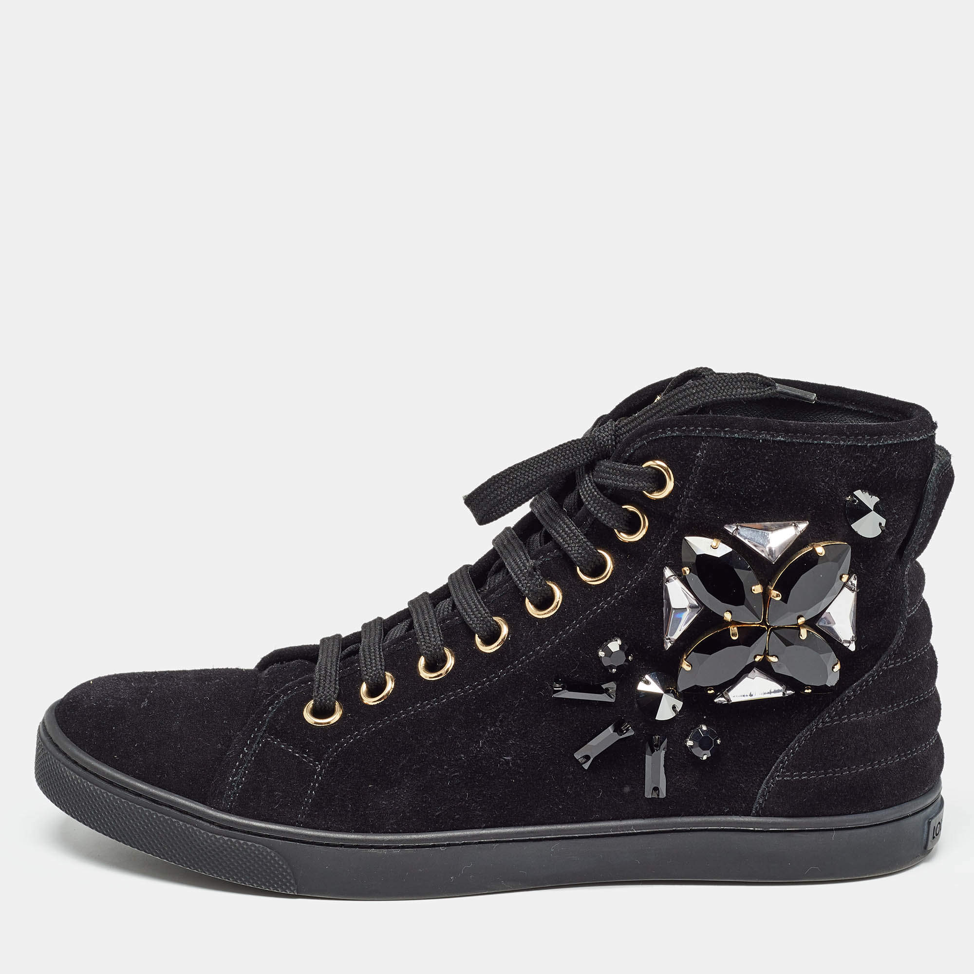 Louis Vuitton Black Suede Crystal Embellished High Top Sneakers Size 38