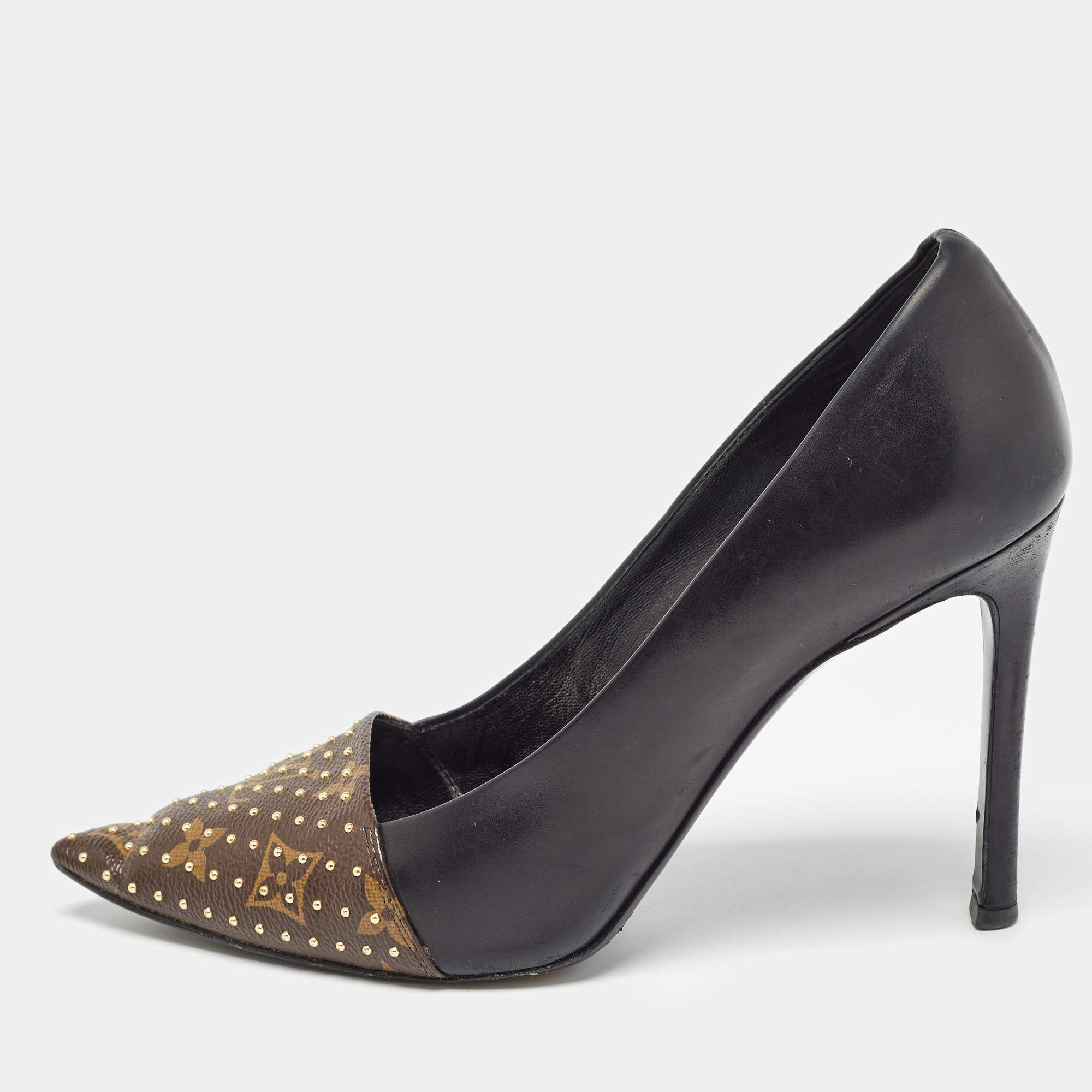 Louis Vuitton Brown/Black Studded Monogram Canvas and Leather Pointed Toe Pumps Size 39