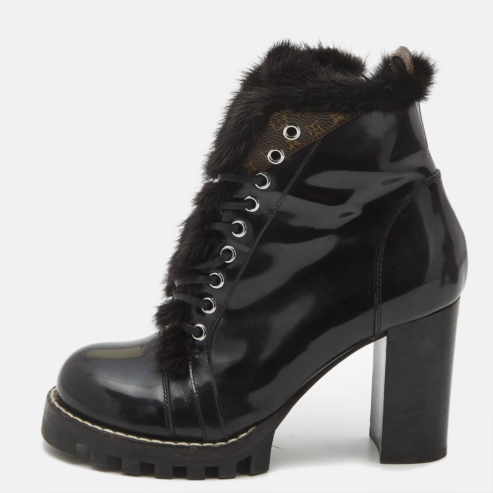 Pre Owned Louis Vuitton Black Patent and Fur Star Trail Ankle Boots Size 39
