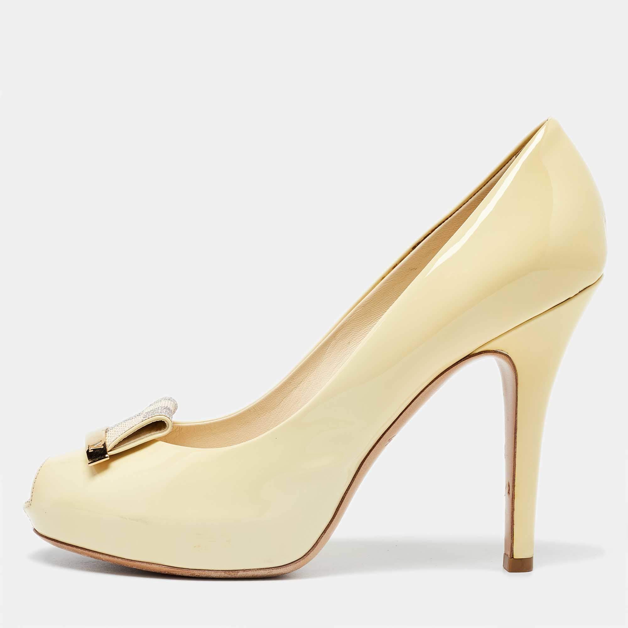 Louis Vuitton Light Yellow Patent Leather Platform Peep Toe Pumps Size 37