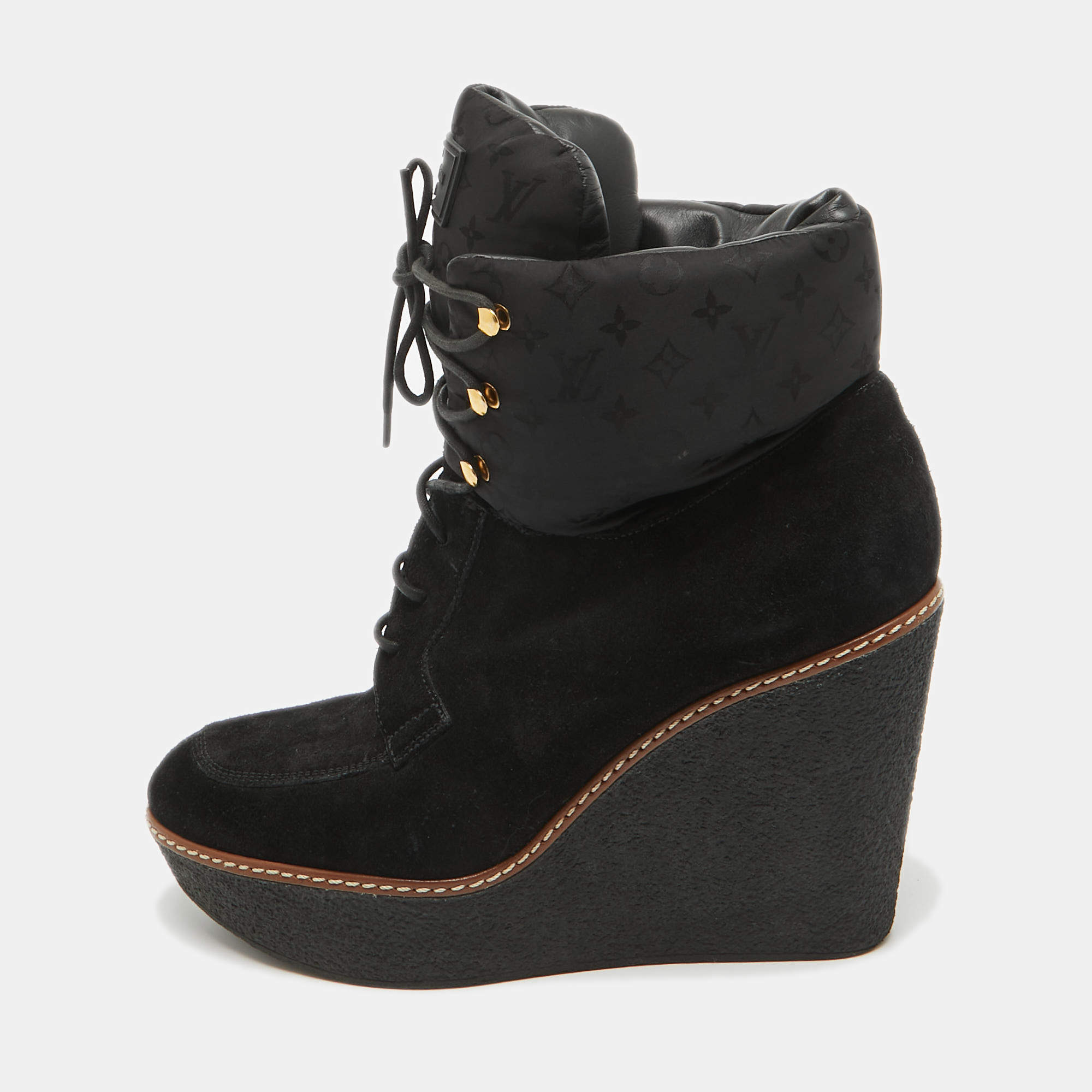 Pre Owned Louis Vuitton Black Monogram Nylon and Suede Ankle Boots Size 38.5