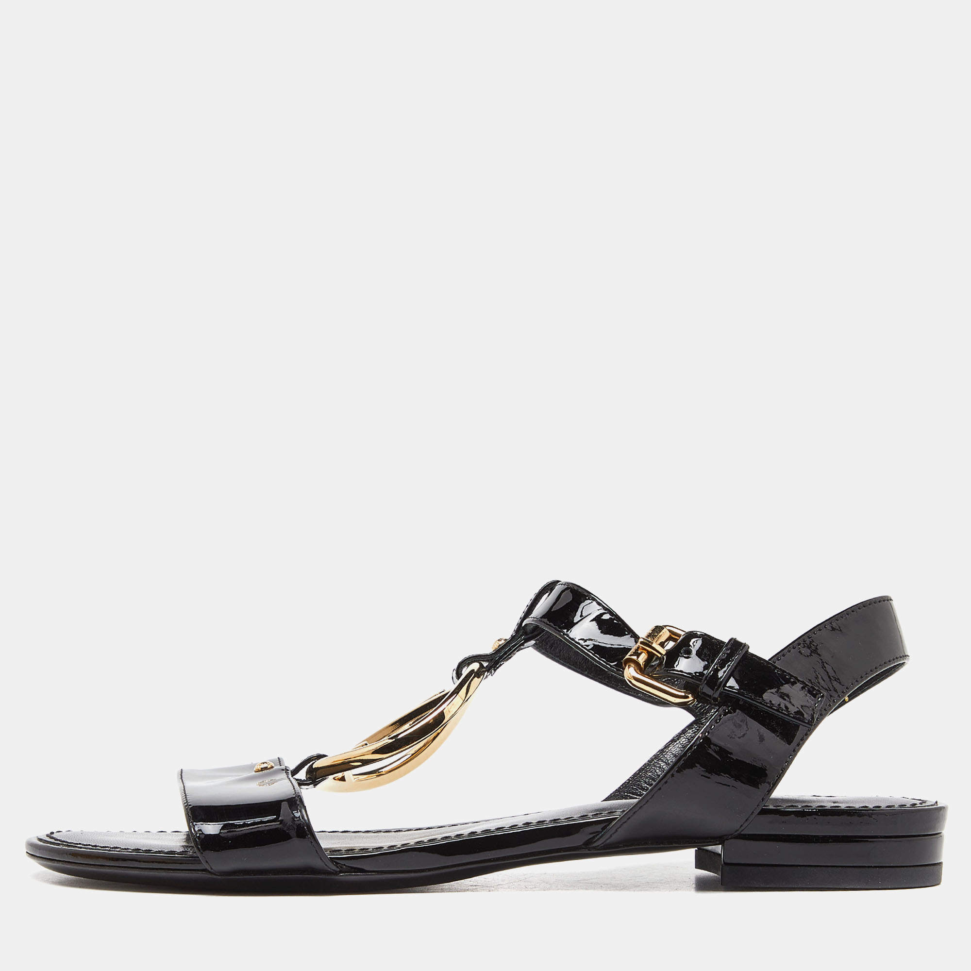 Pre Owned Louis Vuitton Black Patent Leather Carioca Logo Detail Flat Sandals Size 37