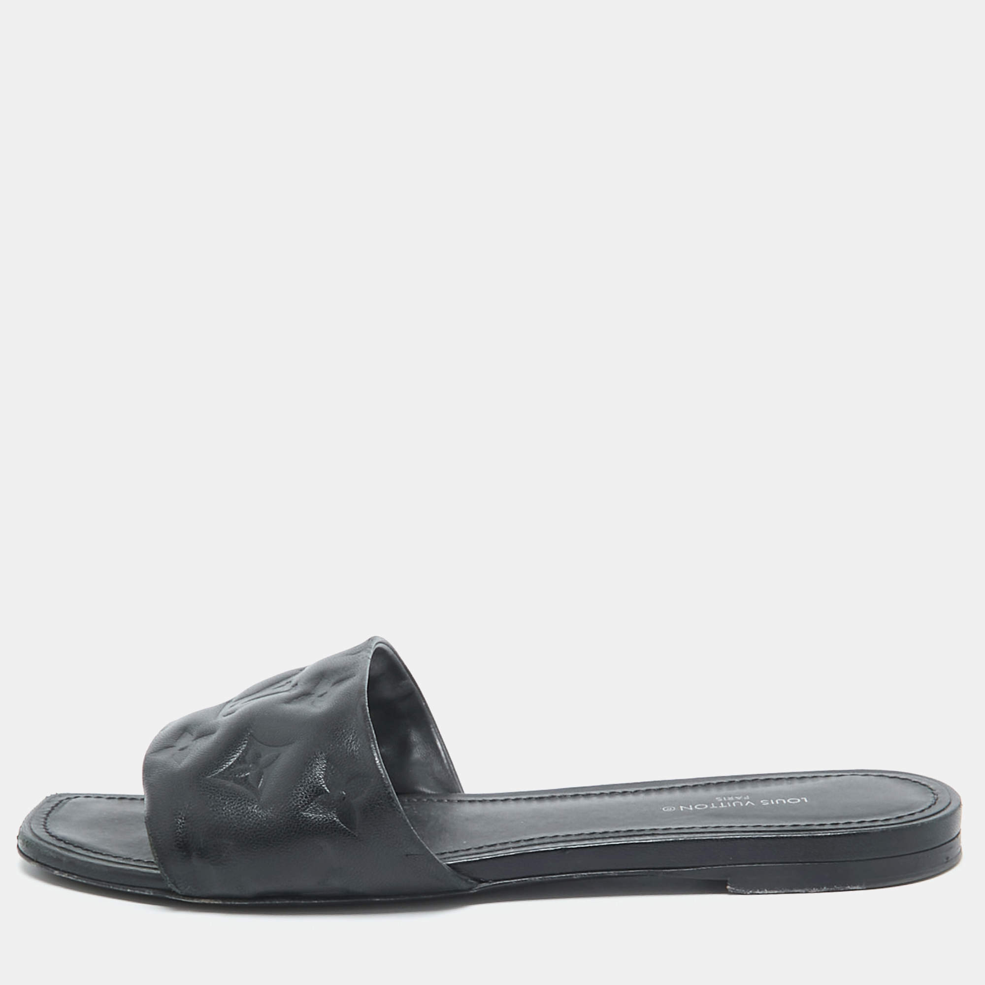 Pre Owned Louis Vuitton Black Embossed Leather Revival Flat Slides Size 38