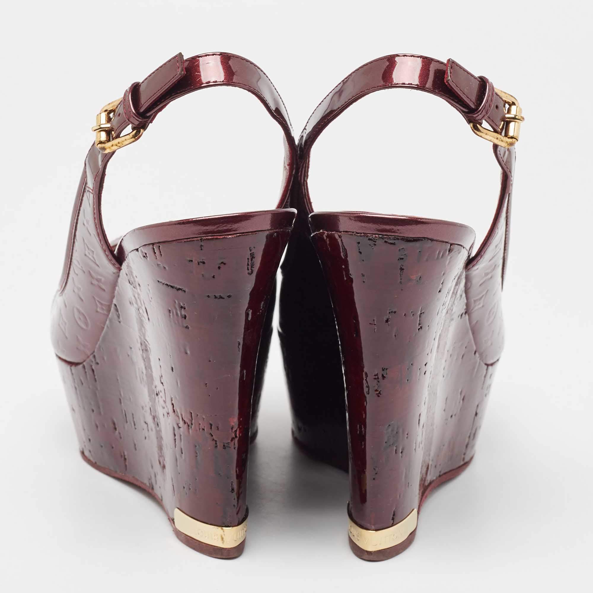 Pre Owned Louis Vuitton Amarante Monogram Vernis Pantheon Wedge Sandals Size 39
