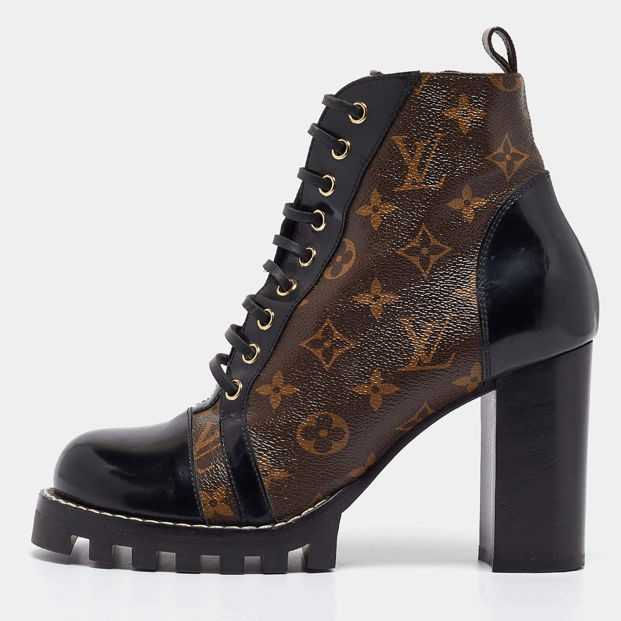 Pre Owned Louis Vuitton Brown/Black Leather and Monogram Coated Canvas Star Trail Block Heel Ankle Boots Size 40