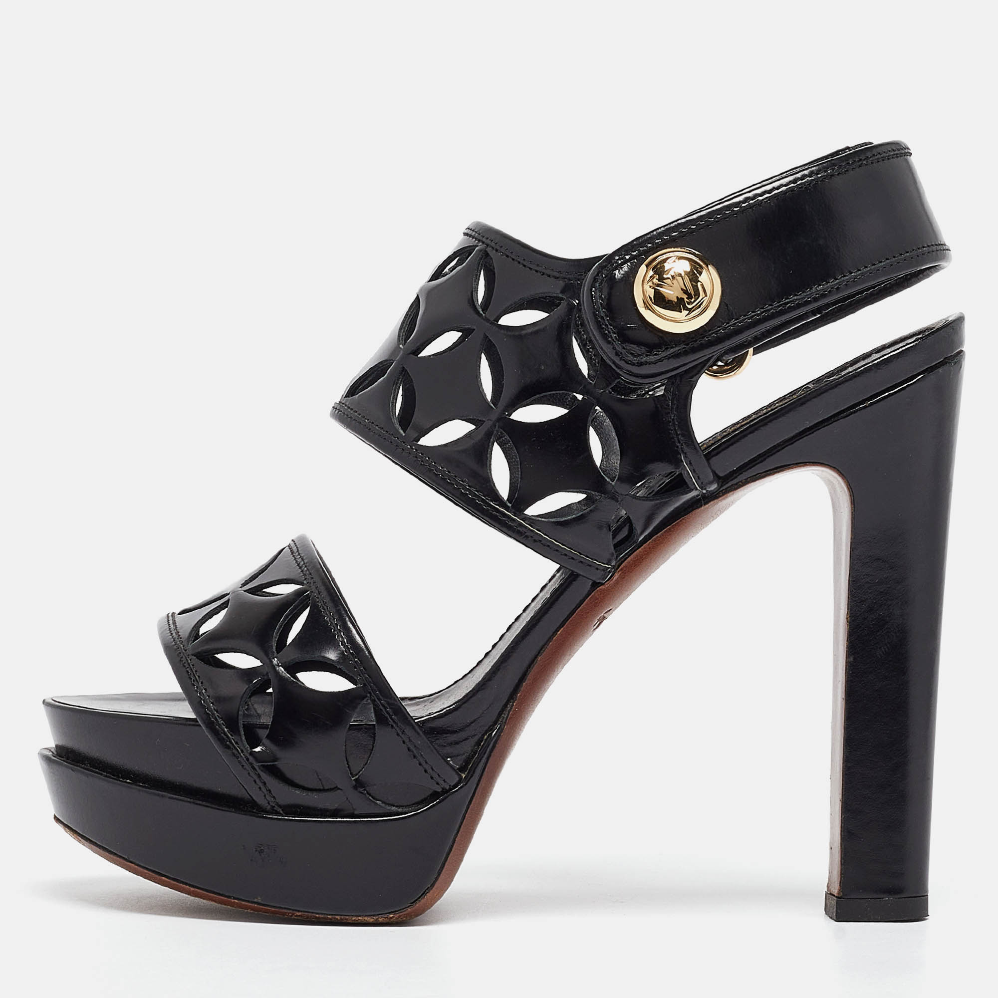 مملوكة مسبقًا Louis Vuitton Black Leather Laser Cut Platform Slingback Sandals Size 37.5